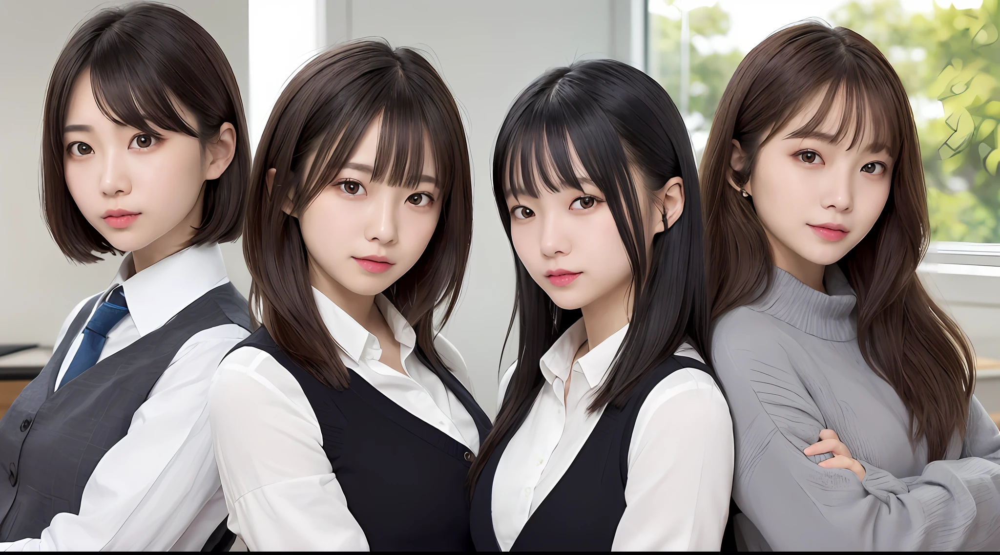 1人、27-year-old girl、vests、hairstyle on(A dark-haired)、a picture、realisticlying、top-quality、adopt、A detailed face、s Office、a desk、细致背景、diffuse sunlight、depth of fields、独奏