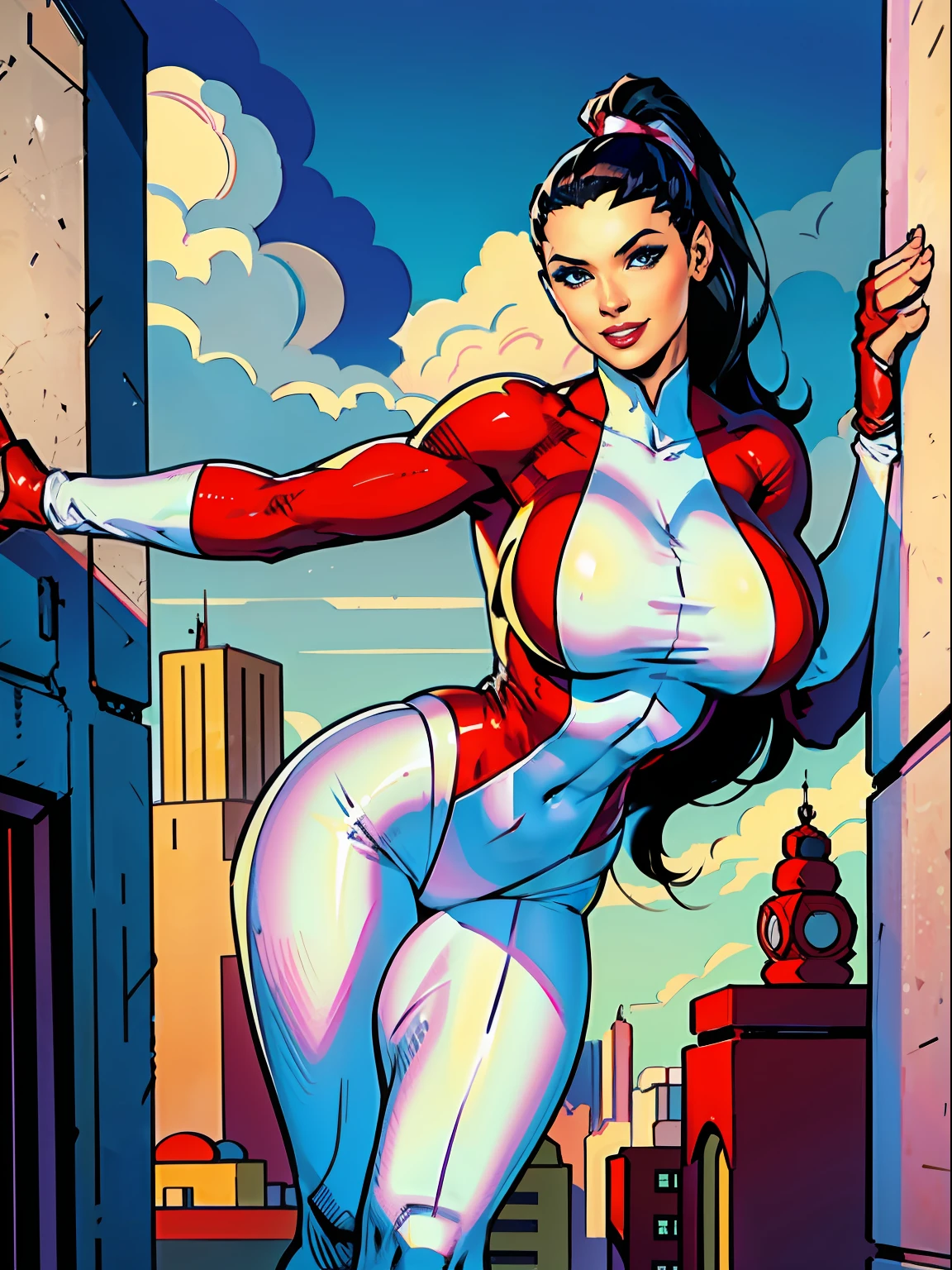 1girl, Stretcher the busty comic book woman, sexy pose, cheerful, posing for cameras, hands on hips, happy, smiling, stretching, hand on hip, long hair, huge ponytail, slim, thin, athletic, womanly, rubbery, elastic woman, white and red spandex, rubber body, brunette, ((huge breasts)), city, heroic, cheerful, (bold nose, hawkish features),
