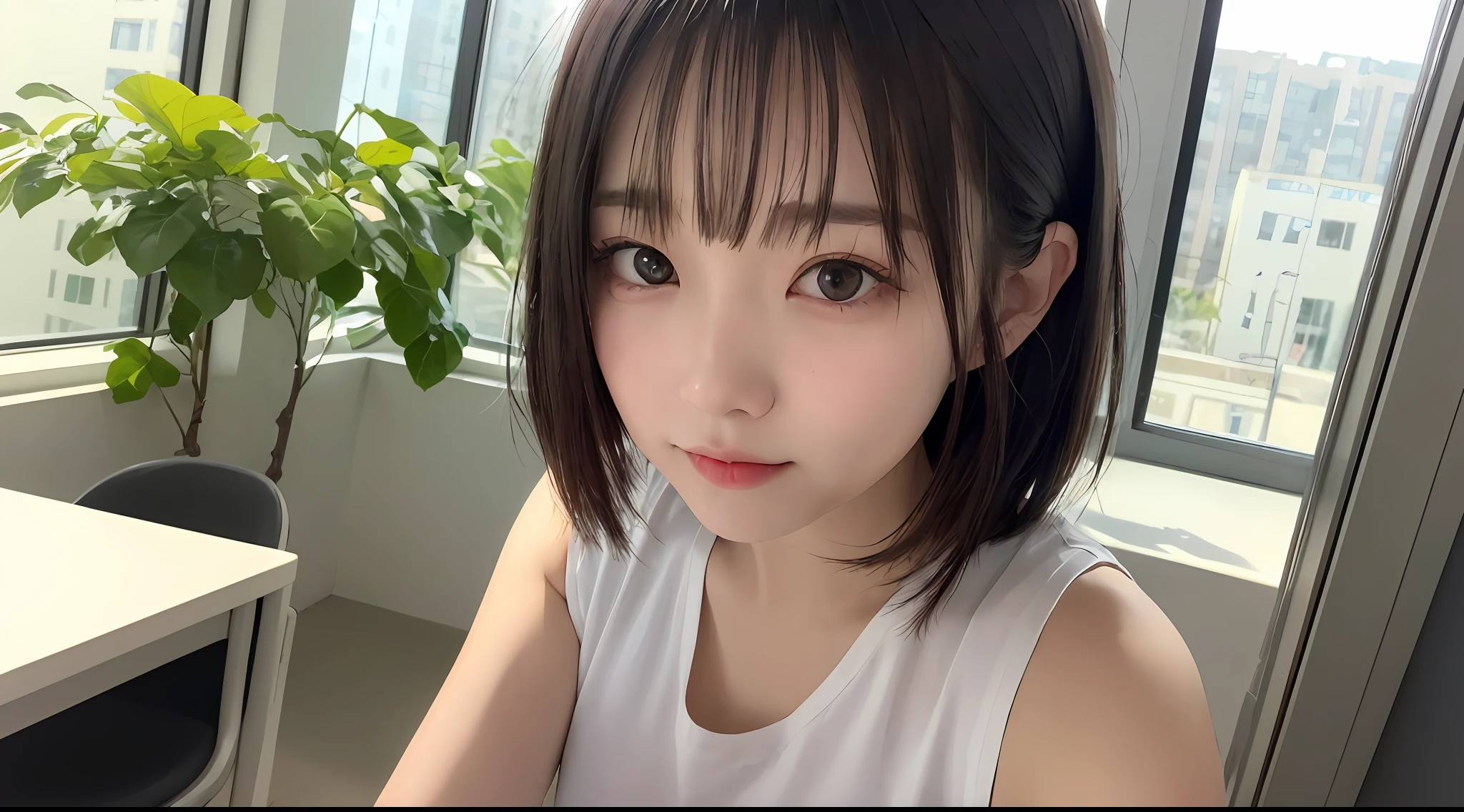 1人、27-year-old girl、vests、hairstyle on(A dark-haired)、a picture、realisticlying、top-quality、adopt、A detailed face、s Office、a desk、细致背景、diffuse sunlight、depth of fields、独奏