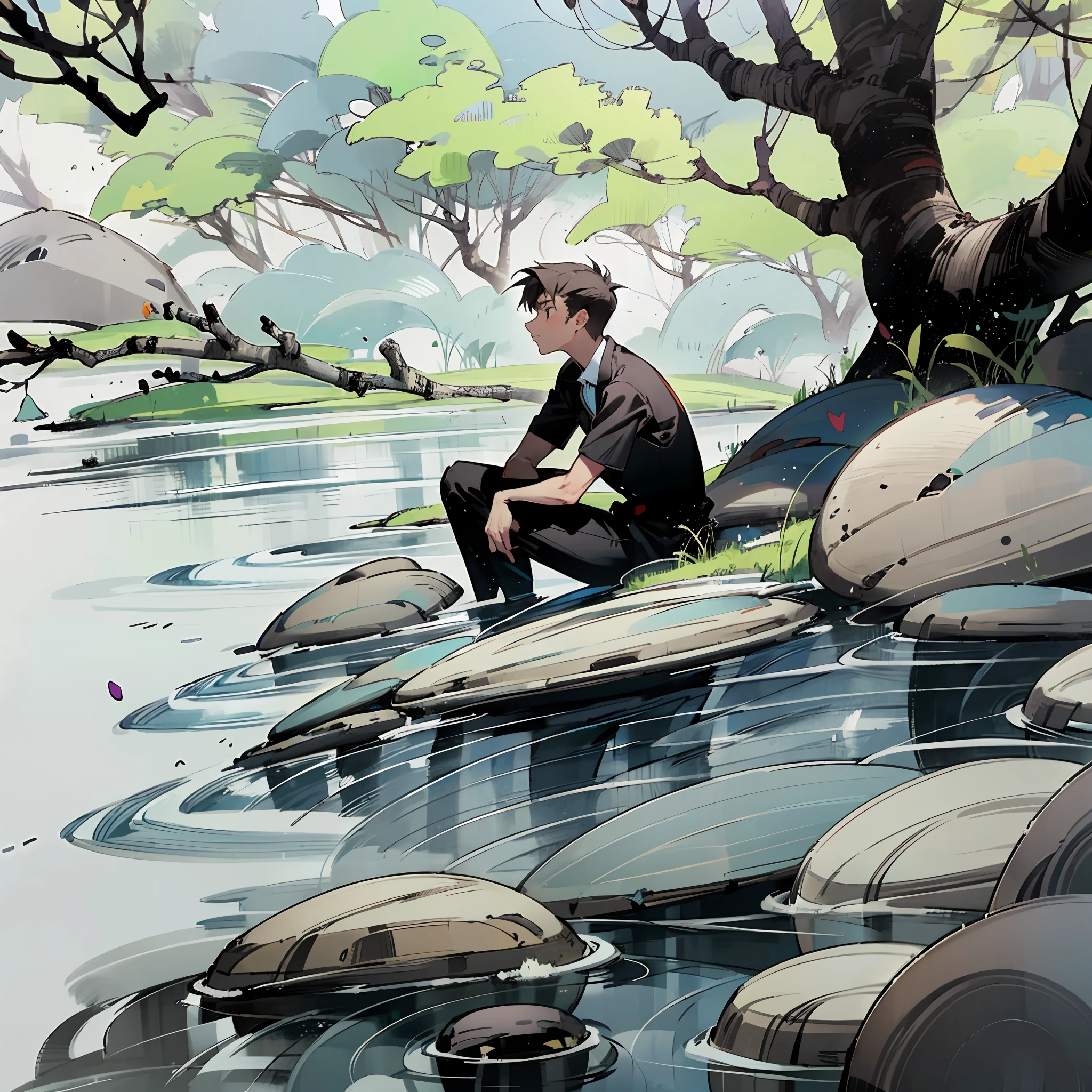 A simple and humble young man sitting on a rock under a tree