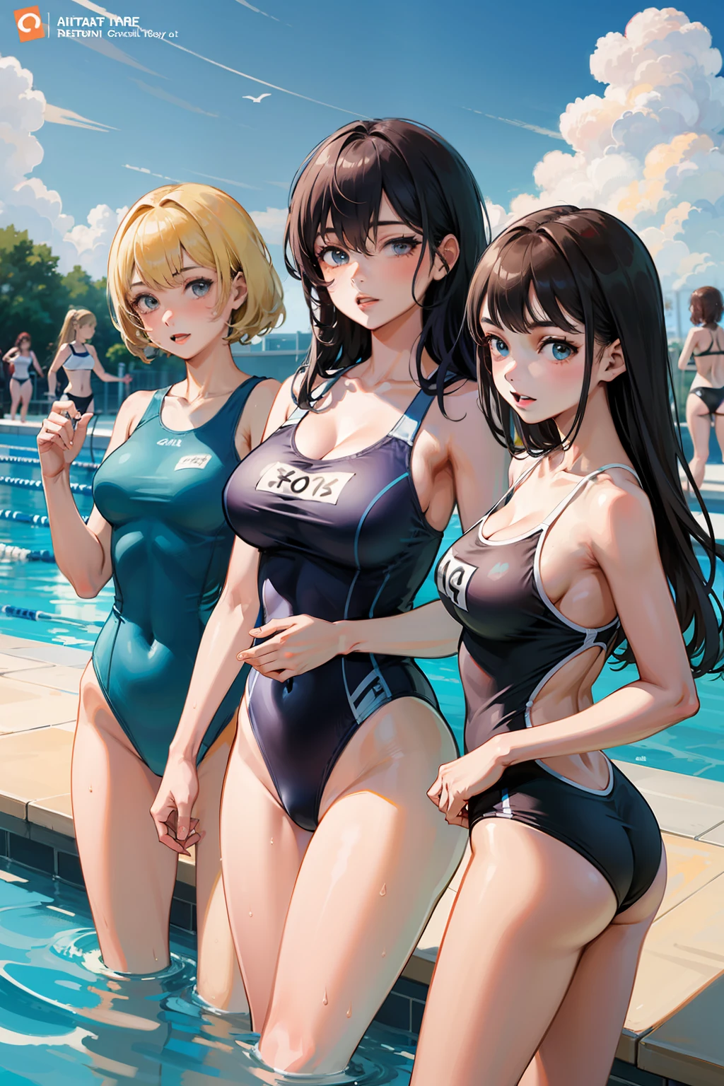 (4+Girls:1.5),(alternate athlete swimsuit pool), Oil, line up, girls in row, Large crowds, Looking at Viewer, Very high resolution, Extremely detailed, masutepiece, Top quality official art, Model, glamor, alternate hairstyle, Alternative Breast Sizes,