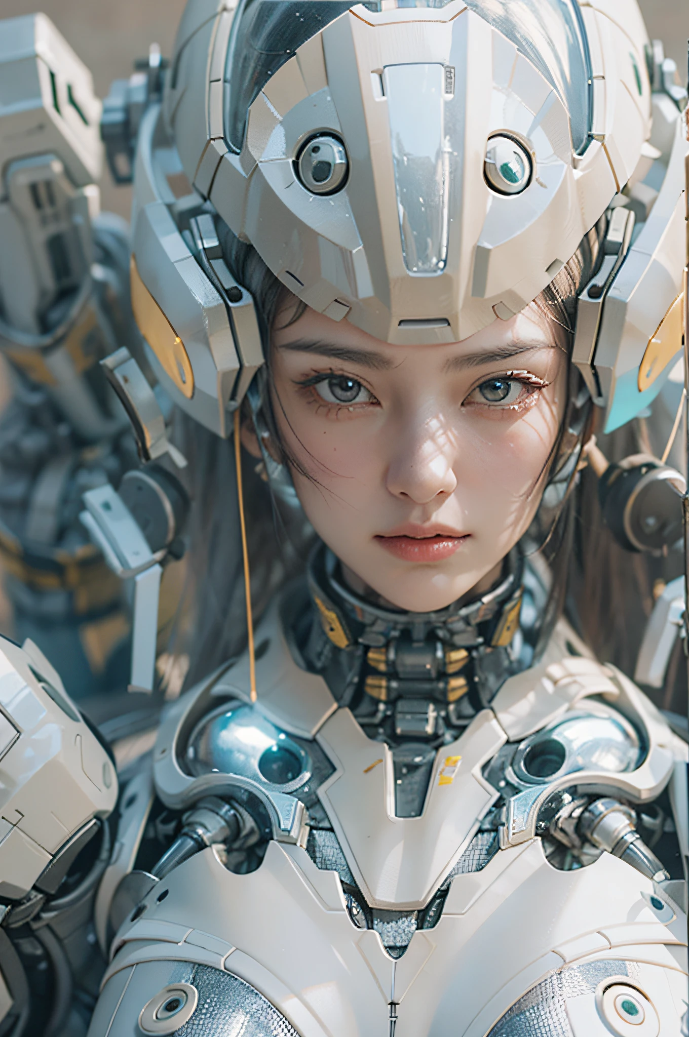 a close up of a woman wearing a robot suit and holding a gun in one hand and a gun in the other, half robot, Baiōken Eishun, rayonism, a 3D render,pastel colour,hight contrast,(Natural skin texture,ultra-realistic realism,the soft light,Sharp)