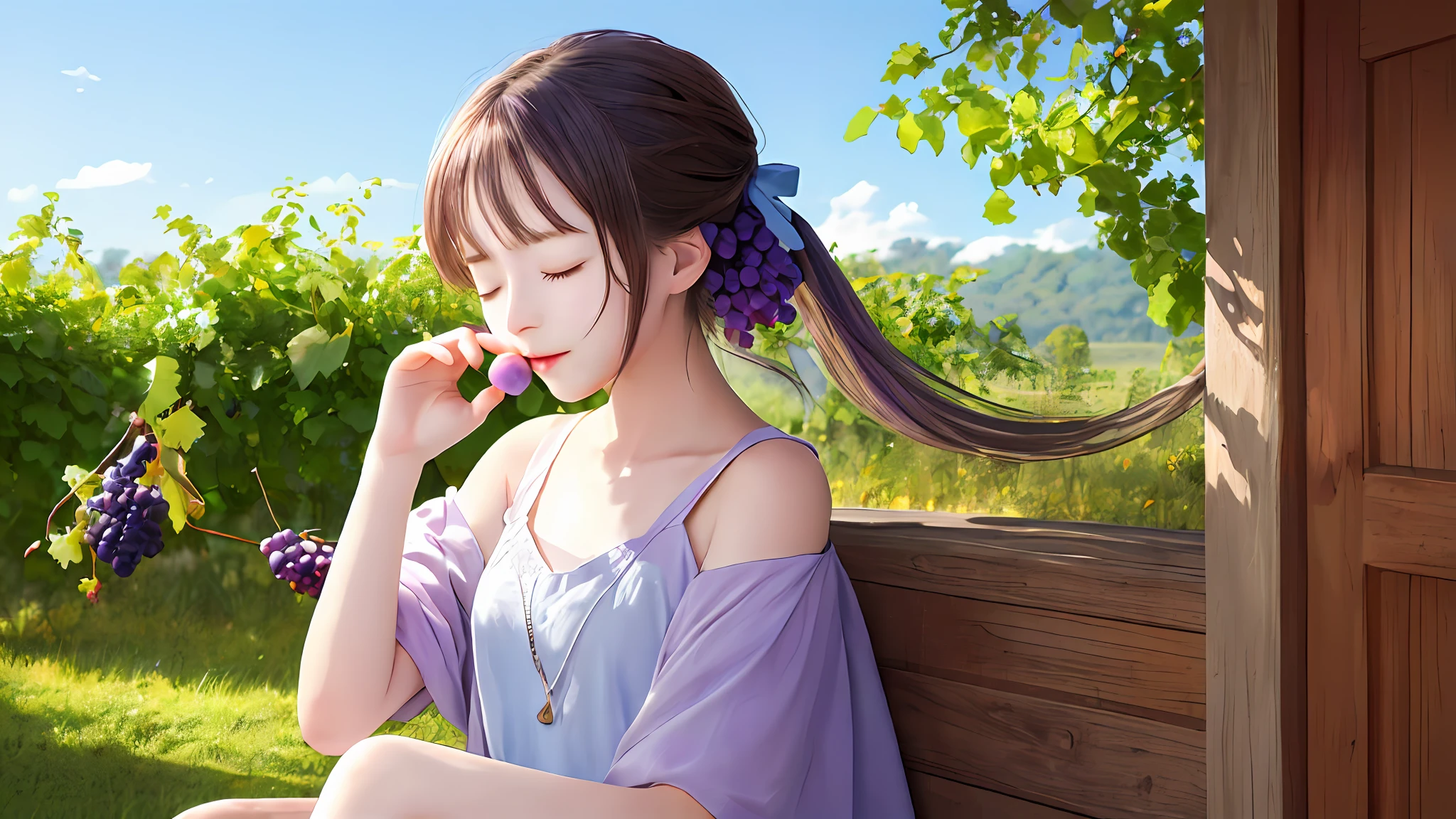 One girl is sitting，grapes，Light purple skin，closing her eyes，summer morning，Guibli，Rustic，Blue sky