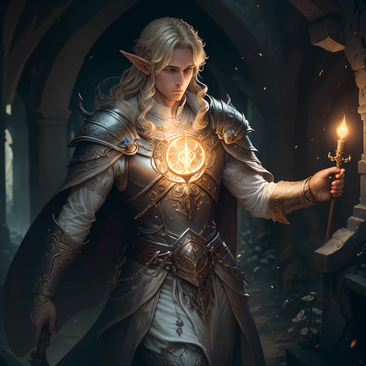 high details, best quality, 8k, [ultra detailed], masterpiece, best quality, (extremely detailed), dynamic angle, ultra wide shot, RAW, photorealistic, fantasy art, dnd art, rpg art, realistic art, a wide angle picture of a [[male]] elf cleric casting a spell, priest of light, cleric of light, full body, [[anatomically correct]]. dynamic position (1.5 intricate details, Masterpiece, best quality) casting a bright light spell (1.6, Masterpiece, best quality) in a cemetery (1.5 intricate details, Masterpiece, best quality), a male (1.5 intricate details, Masterpiece, best quality), wearing white heavy armor (1.4 intricate details, Masterpiece, best quality), holy symbol, blond hair, intense bright eyes, fantasy cemetery background (intense details), fighting an undead skeleton (1.4 intricate details, Masterpiece, best quality), night, moon light, stars (1.4 intricate details, Masterpiece, best quality), dynamic angle, (1.4 intricate details, Masterpiece, best quality) 3D rendering, high details, best quality, highres, ultra wide angle