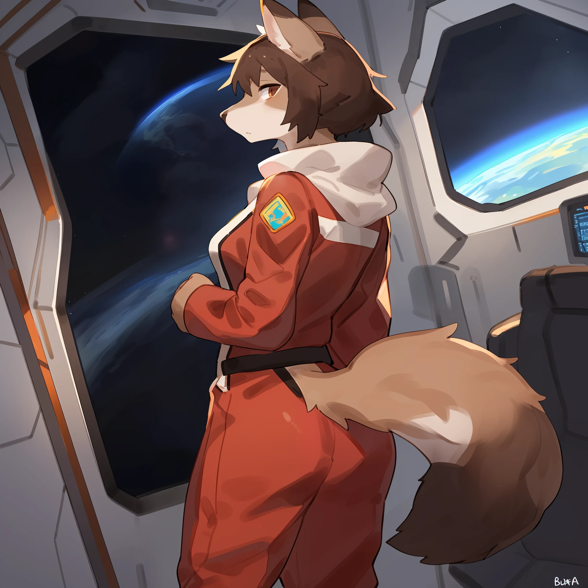 Solo, fox, (((brown fur, brown body, patternless, no fur pattern, plain fur))), brown eyes, brown hair, shoulder length hair, concerned expression, ((snout, long snout)), red military jumpsuit, red military spacesuit, space, spaceship, window, athletic, standing, ray gun, by bebebebebe, (((by buta99))), detailed eyes, detailed hands, female, view of nice round butt from the side