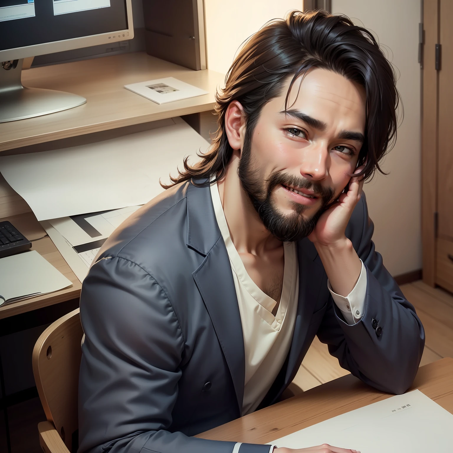 Sales Position、desk work,s Office,suits,Male 8K Raw Photo、(Photorealsitic:1.4)、top-quality、masterpiece、超A high resolution、film grains、Film 8K Raw Photos、(Photorealsitic:1.4)、top-quality、masterpiece、超A high resolution、film grains、filmg、 1 boy、looking at the viewers、 natural skin textures、realistic eyes and face details、Full lips、Beard、Mambang Hair、Okinawans、a smile、closes mouth、Strong body、tall male