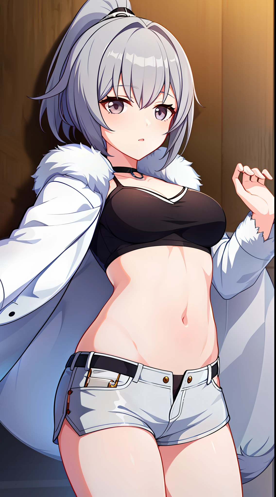 young girl, short gray hair, high ponytail, silver eyes, White leather fur coat, open belly, open breasts, Shorts, Masterpiece, hiquality