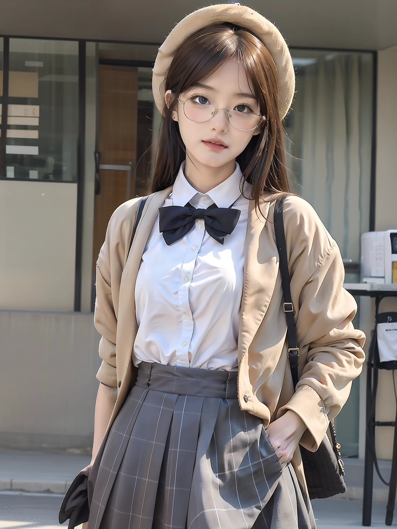 (8K,best qualtiy,tmasterpiece:1.2),realisticlying,超高分辨率,intricately details, 1girll,beautiful face,JK suit,white shirt,yellow bow,wearing hat,wears glasses,neck bowtie,Yellow skirt,plaid skirts,pleatedskirt,,The upper part of the body,standing on your feet,wide wide shot,hyper realistic schoolgirl,hyper realistic schoolgirl,Realistic anime 3 D style,Realistic schoolgirl,Smooth anime CG art,3d anime realistic,Beautiful Anime High School Girls,Sakimichan HDRI,Magical school student uniform,photorealistic anime,Realistic young anime girl(8K,best qualtiy,tmasterpiece:1.2),realisticlying,超高分辨率,intricately details, 1girll, beauitful face, JK suit, white shirt,The upper part of the body