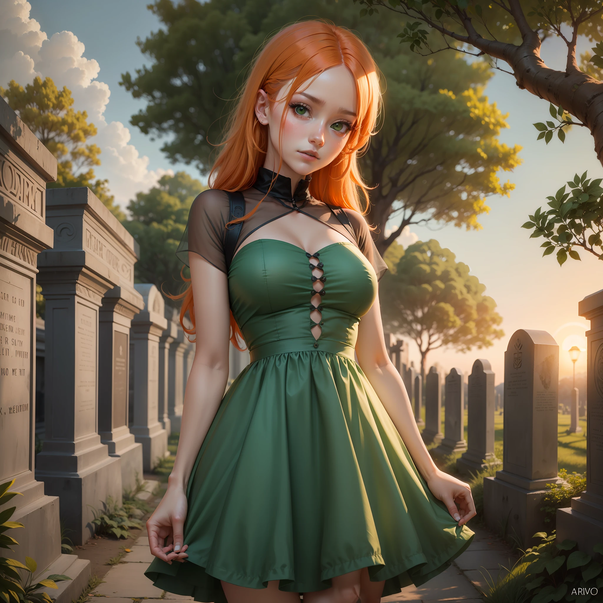 Por do sol ao fundo, arvores ao redor, cemiterio no meio, anime woman orange hair green eyes green dress
