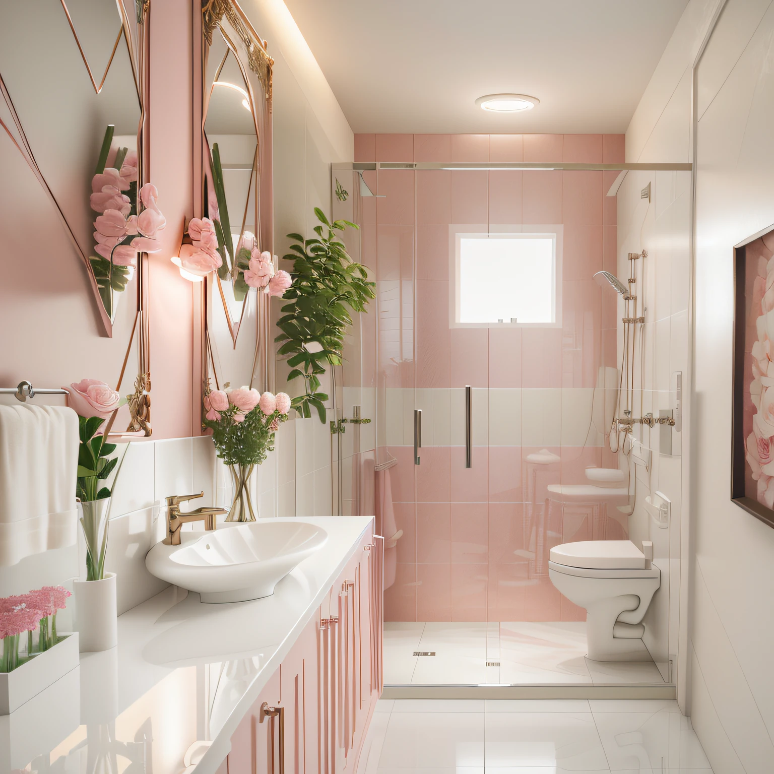 There is a bathroom with a sink, toilet PINK, e chuveiro rosa brilhante, excellent 3d render, realista estilo 3d, 3 d render hiper realista, hyper realistic render, renderizado em vray, raio v, very realistic 3 d render, Rastreamento de vray, estilo hiper realista, hyper - realistic render, hyperrealistic rendering, renderizado no enscape, Stuning 3 D render, ambiente rosa, barbie, pintura rosa, bancada rosa, torneira rosa, box rosa, luzes rosas, lavatorio rosa,, ambiente rosa