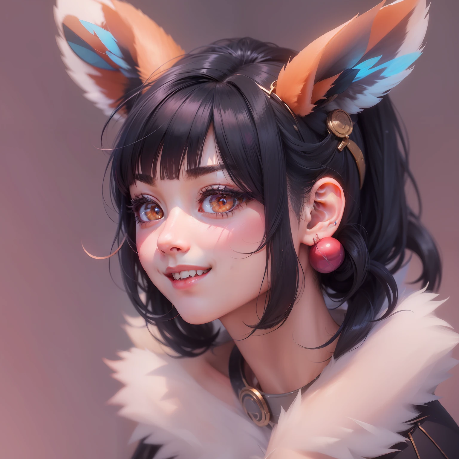 black hair, hair bobbles, wince, longeyelashes, solid circle eyes, fake animal ears, light smile, ear blush, fang, Surrealism, drop shadow, anaglyph, stereogram, tachi-e, pov, atmospheric perspective, 8k, super detail, ccurate, best quality