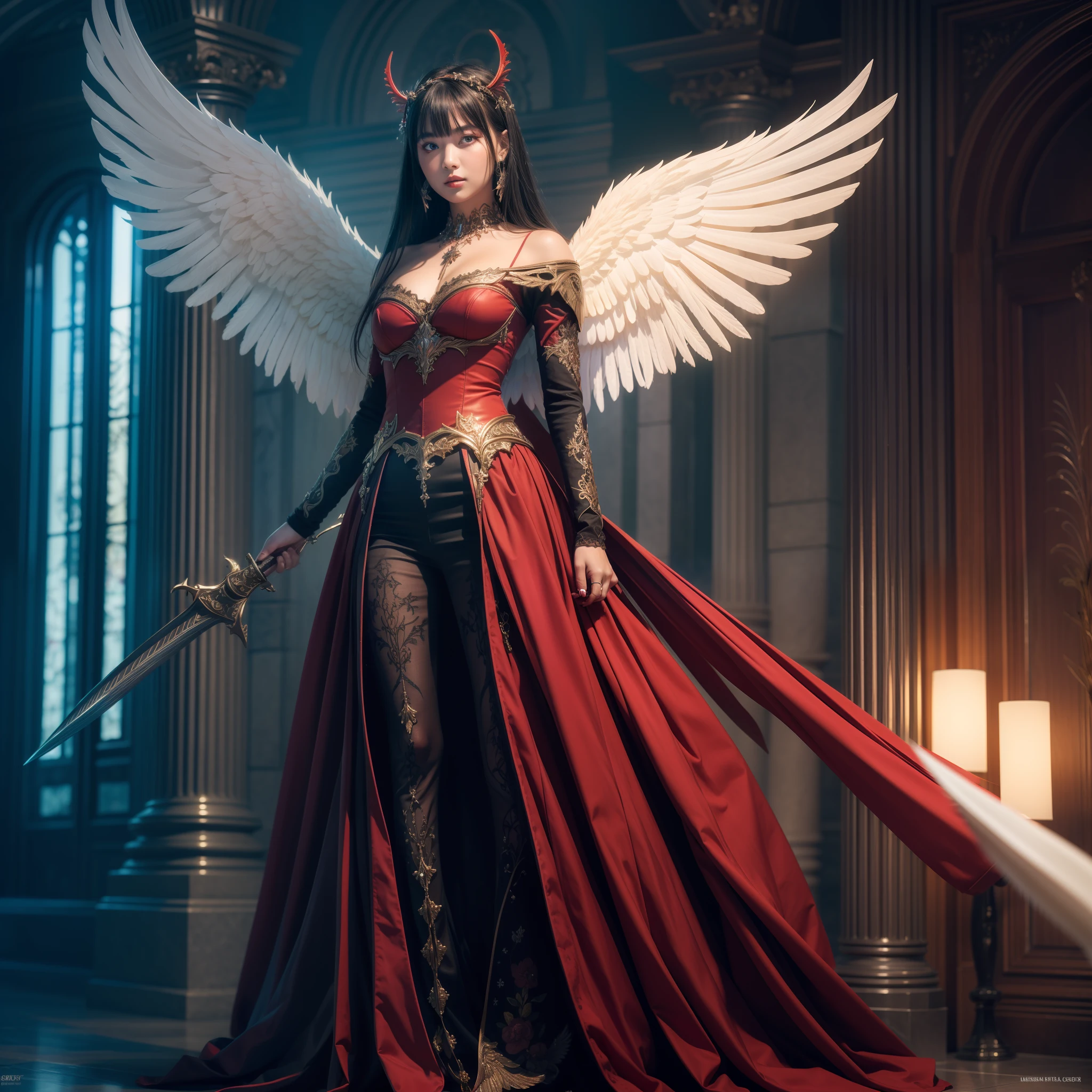 (extremely detailed CG unity 8k wallpaper,masterpiece, best quality, ultra-detailed, beautiful detailed eyes:1.2),best illumination, (best shadow, an extremely delicate and beautiful, bloom),
1gril,solo,red eyes,Heavy armor,long hair,holding sword,Angel wings,black wings,red jewelry,(big wings:1.4),Film filter,Satan, Hellfire,full body,demon,flame,