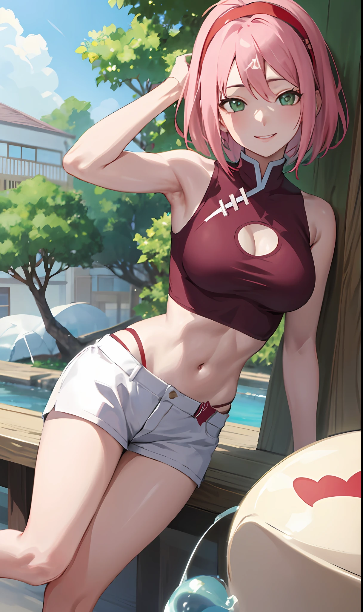 ((masterpiece、top-quality))、(1人)、((A MILF))、(OL))、bangss、mideum breasts、(peitos fartos)、Slimed、a smile、【wide-hips】、s Office、Standing、Sakura Haruno,A pink-haired,shorth hair,Red headband,Green eyes