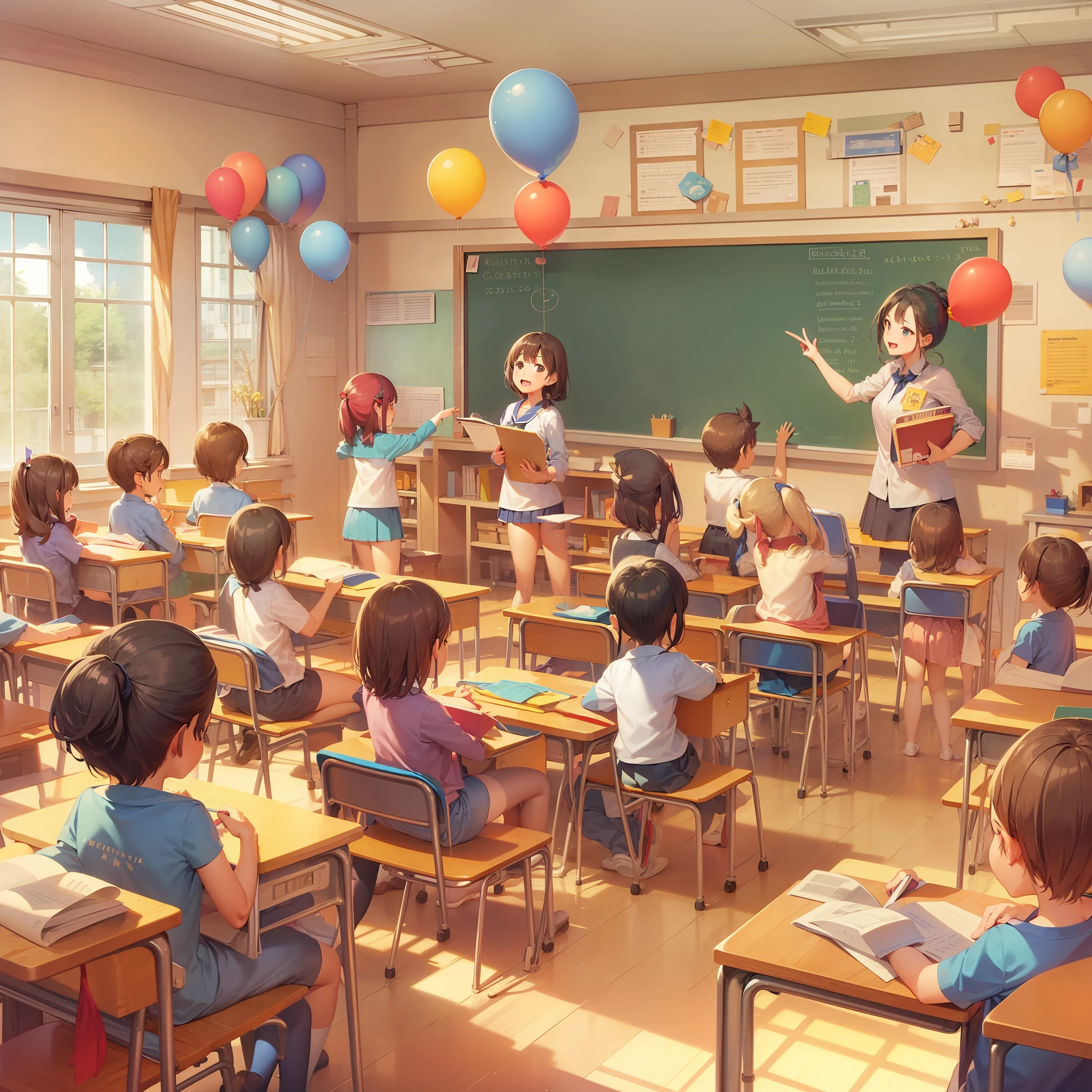 An elementary school classroom,The teacher is giving the children a graduation party,The teacher is on the podium,There is a blackboard,The classrooms are bright