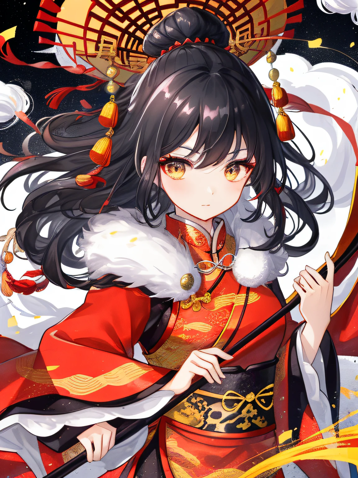 A girl with high-gloss skin and strong texture, close-up, black hair, fluffy hair, Chinese traditional costumes, streamers, flowing ink, scattered energy, riding a Chinese dragon