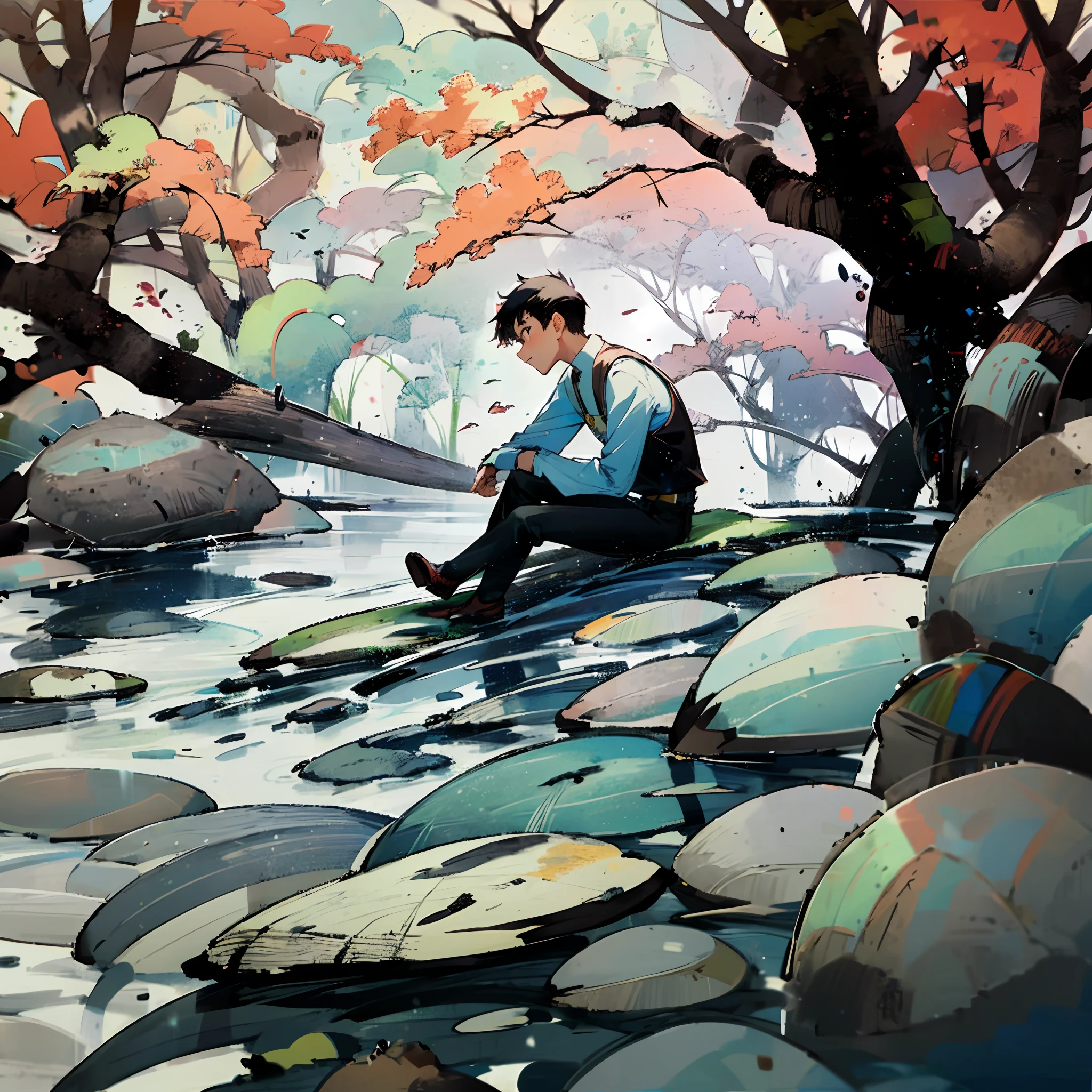 A simple and humble young man sitting on a rock under a tree