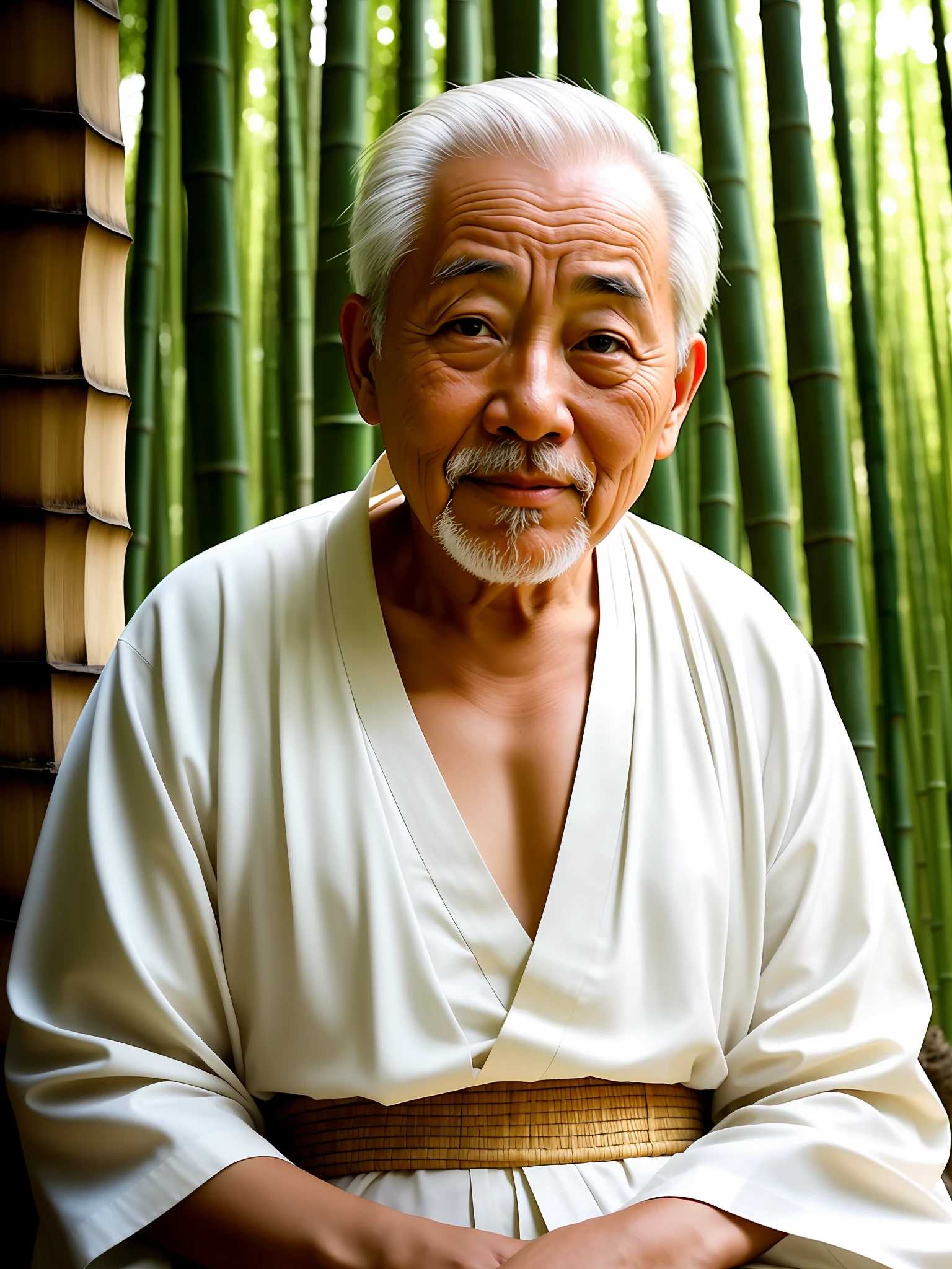 Cinematic texture，Light，Asian grandpa，White tunic，Image of a wise man，Master，bamboo forrest，sitted，Facing the lens，The mouth is slightly open，Facing the lens