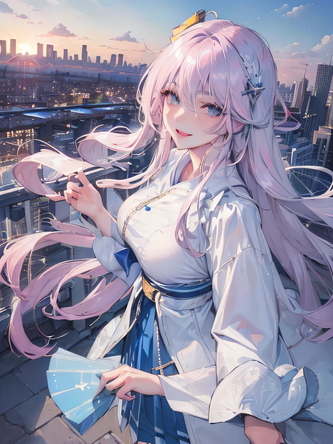official art, masterpiece, sharp focus, (beautiful gorgeous cute Korean woman:1.3), (beautiful cute korean:1.3), korean beauty, Delicate and beautiful hair and eyes and face, realistic, ultra detailed, beautiful girl, blue sky, glow white particle, (sidelighting:1.2), sun light, white cloud, detailed clouds, slender, Lovely very large breasts and very large hips, smile with teeth, ((smile with eyes, open both eyes)), scenery, long straight hair, sexy facial expression, building, (cityscape:1.7), dynamic hair, long straight hair, detailed platinum pink hair, glow blue eyes, (blue pleated shirts + white skirt), white long socks, pale skin, hair ornament, epic scenery,