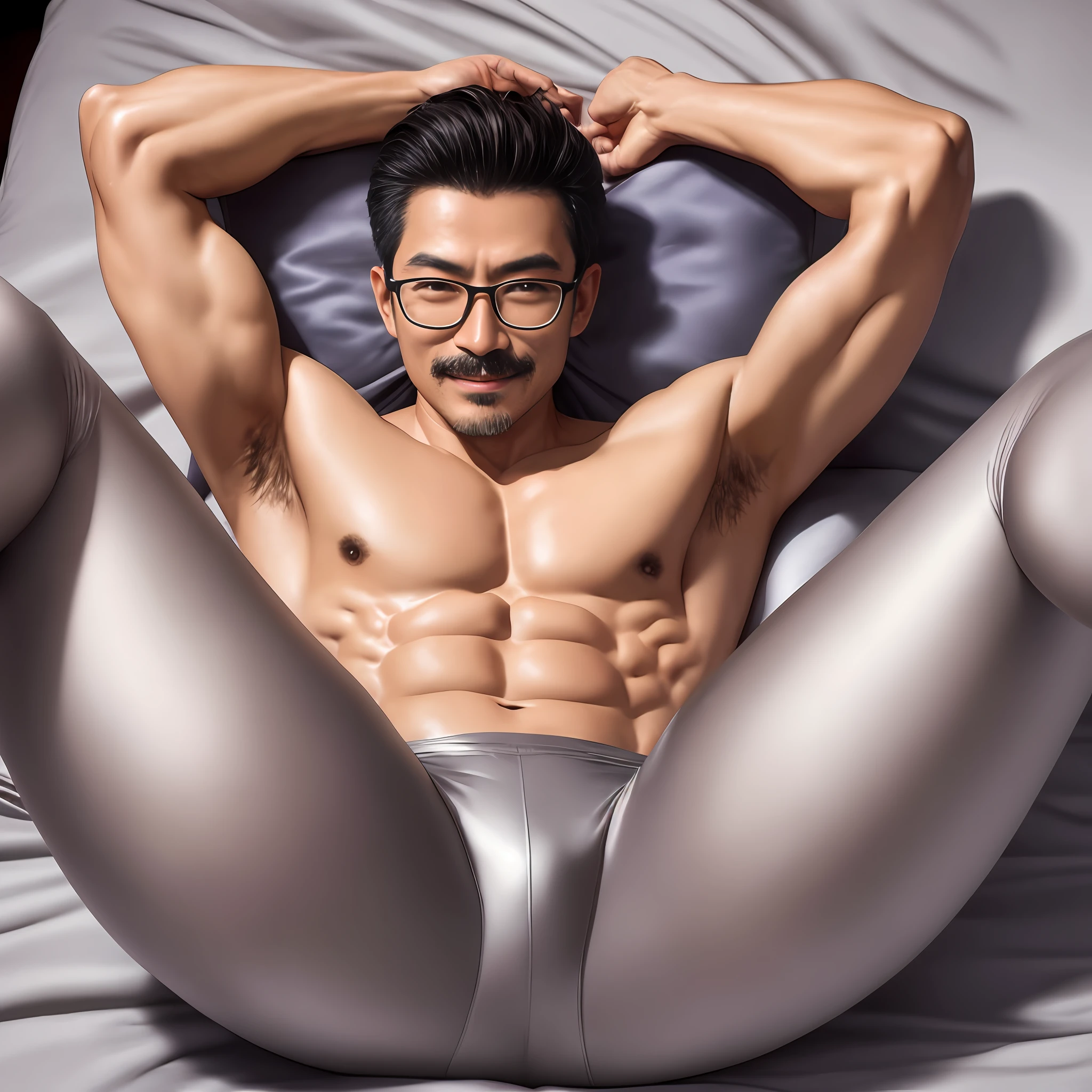 Korean Male,Soio,45 years old,extremely handsome,so sexy,realisticlying,Brown-skinned,eye glasses,Metallic Silver Tights,Arms behind your head,Show armpits,mustache,perspiring,milk on breast,Shiny silver silk sheet,Shiny silver silk bed,Emphasis on the crotch,Enraptured look,M-shaped foot,A detailed face,A detailed face,Detailed body,top-quality,An ultra-high picture quality,highly accurate,Appreciation of masterpieces