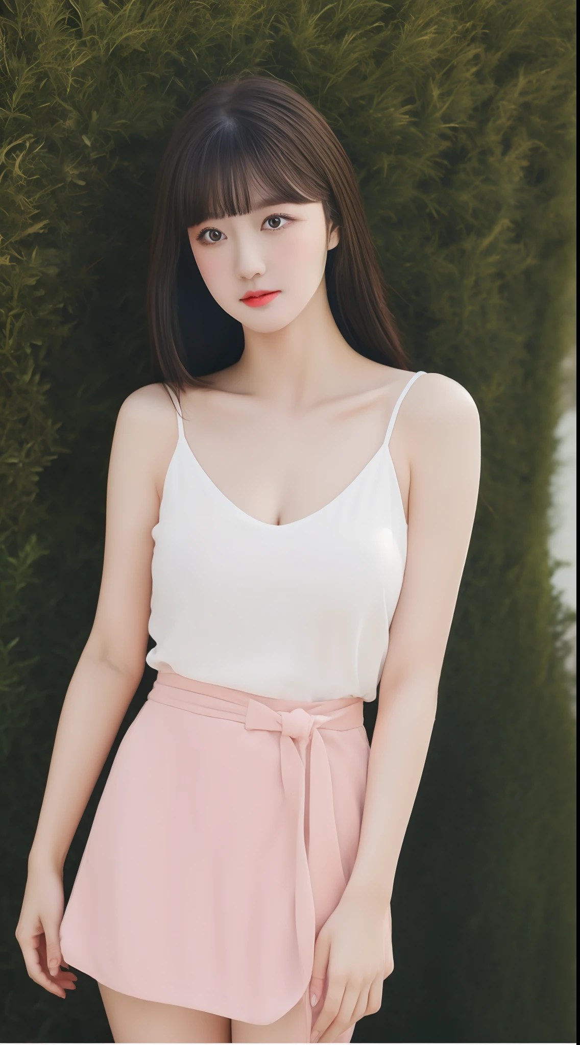 Charming maiden，(Raised sexy)，stocklings，Tall figure，Smooth skin，small boobs，Slender legs，(black short skirt)，stiletto，Supple hair，(Qi bangs)，White skin of the，(Pink lip gloss)，(Pouting buttocks)，Brown eyes，(Strabismus lenses)，with blue sky and white clouds，Background garden。