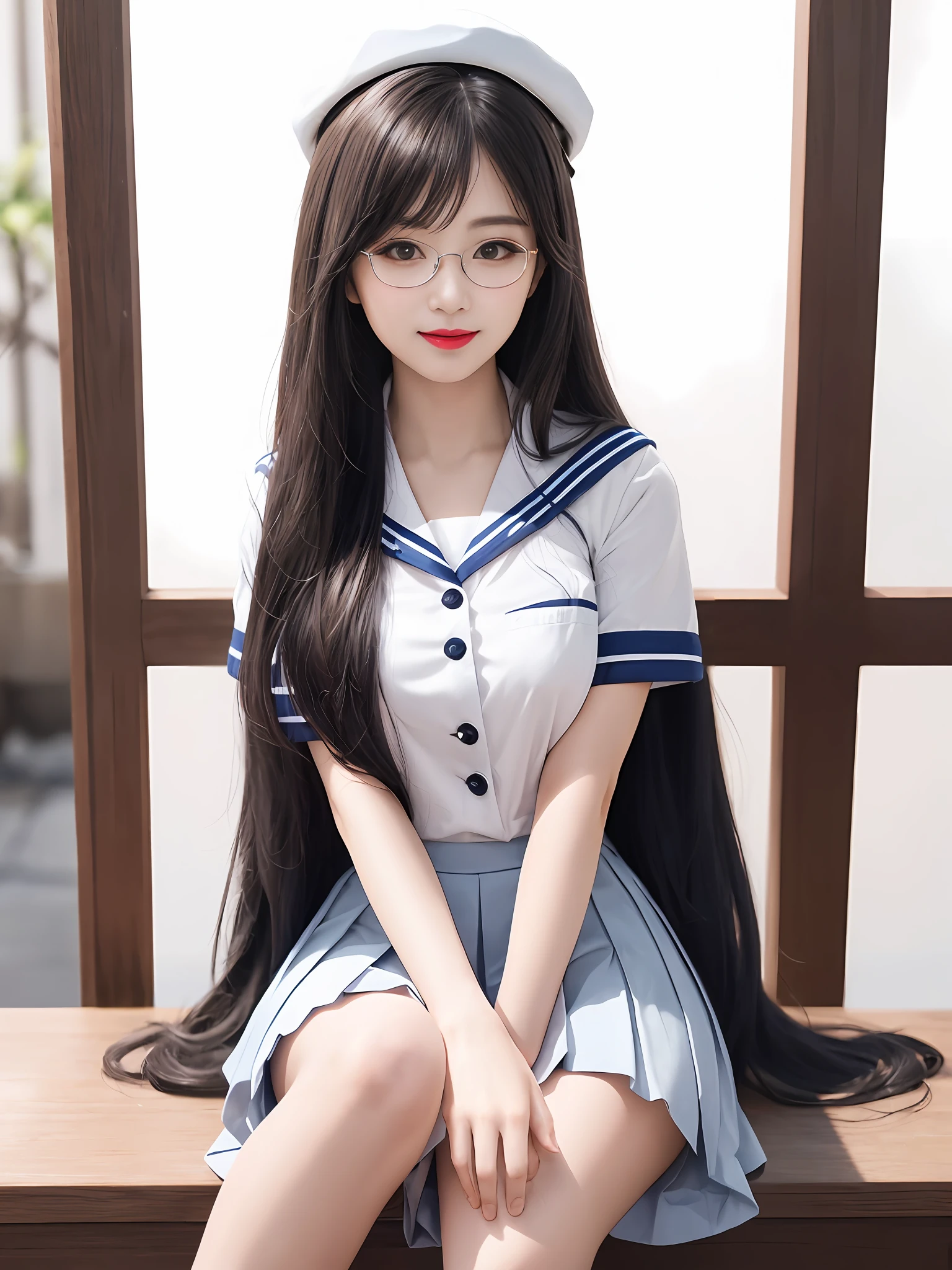 （（best qualtiy，8K，tmasterpiece：1.3）），Super cute beauty，1个Giant Breast Girl，（Beautiful udder：1.3），（Abs，slim toned body：1.1），Clear focus，（（（Complicated details）），high detal，wears glasses，wearing hat，The upper part of the body，one-girl，Black straight bangs，Japanese schoolgirl uniform，White sailor suit，Navy pleated skirt，Knee-length skirt，8K，8K分辨率，Clean and meticulous face，Detailed body，Detailed clothes，Sharp Images， Japanese anime concept art， Popular in pixiv， looking at viewert， face to the viewer， Seductive Model Pose， seduct smile， pink lipstick， bokeh， field of depth， 8 life size， 8K分辨率， Upper body image， Shot on the EOS 5D Mark IV， 35mm lens， f1.8，