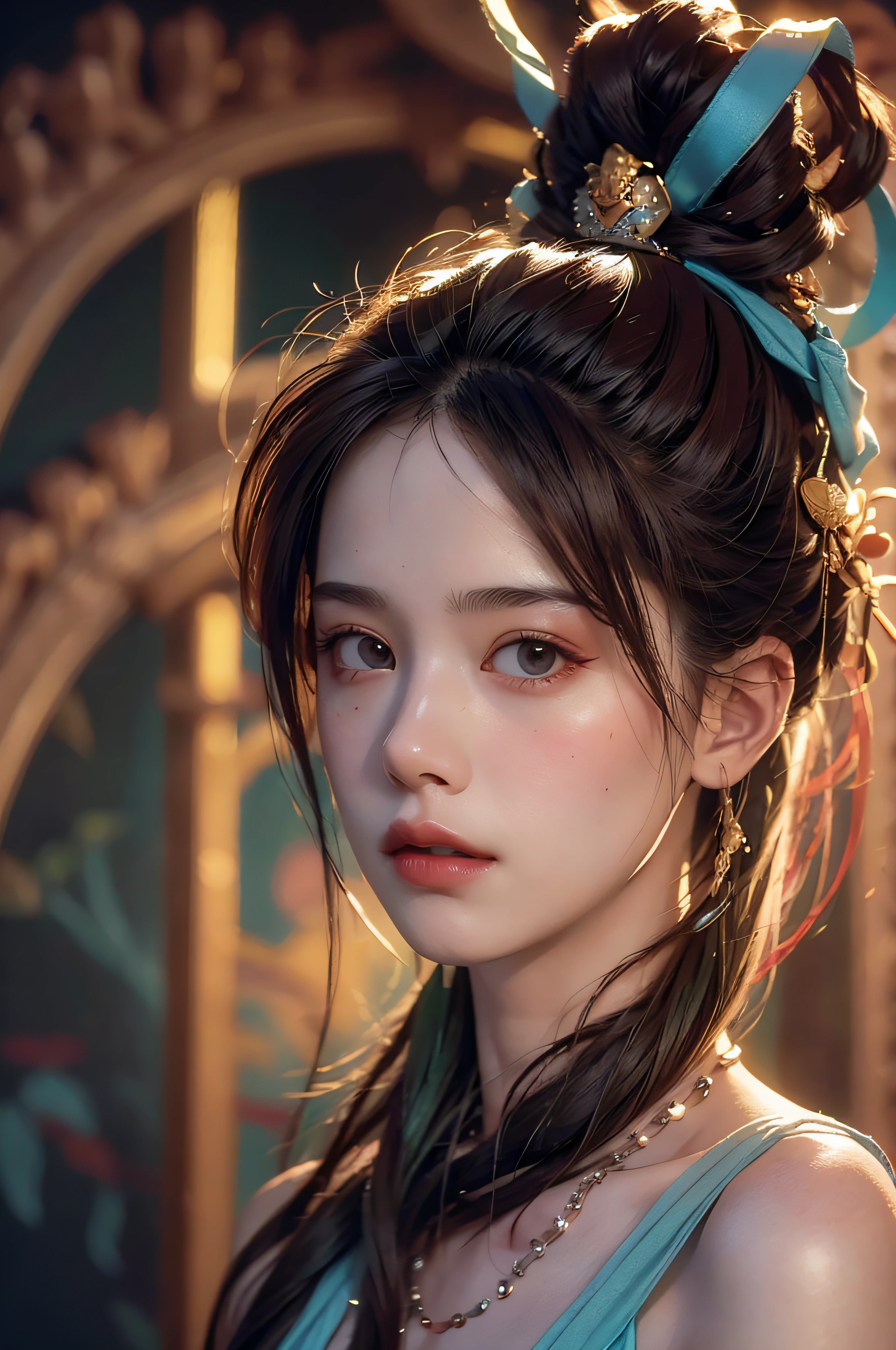A woman with a blue dress and a blue bow in her hair - SeaArt AI