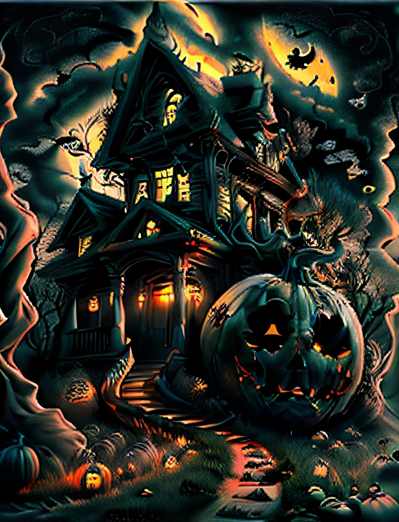 a black and white drawing of a house with a pumpkin, haunted house themed, haunted house, ink artwork, spooky mansion, coloring pages, colouring pages, haunting and spooky, halloween art style, ultra detailed haunted house, halloween atmosphere, coloring book page, detailed line art, scary detailed art in color, halloween theme, haunted background, colouring - in sheet, background artwork