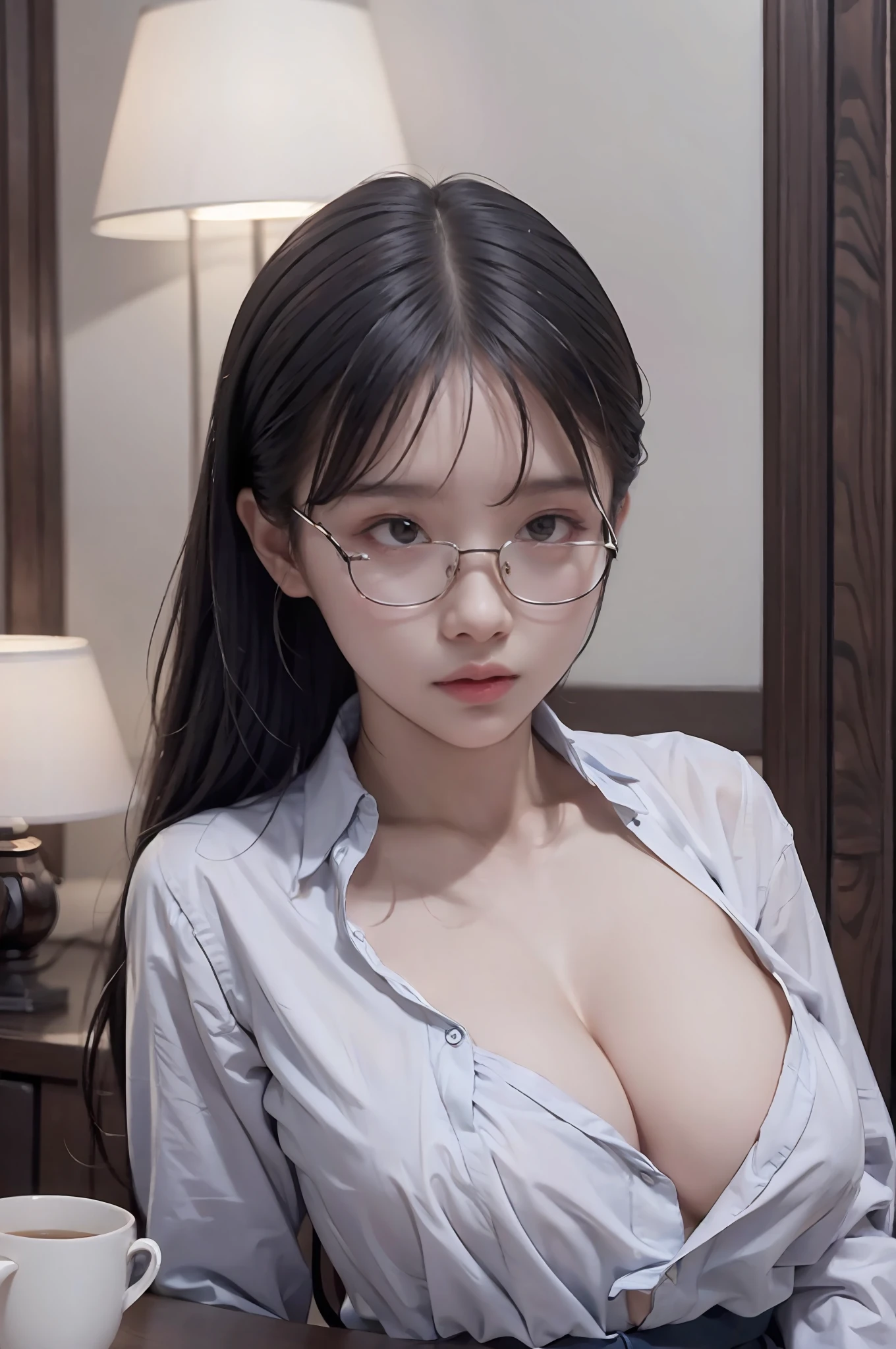 20 yo woman, black hair, short ponytail, thin frame glasses, thinking face, (wearing opened button shirt,medium breasts with cleavage), sitting, studying, BREAK, lying hand on table, holding pencil, opened book, books, a cup off milk, table lamp, BREAK, in living room, wall decor, mini library, glass window, wall clock,BREAK, cinematic light, photorealistic, masterpiece, best quality, complex CG, high detailed face, high detailed eyes,