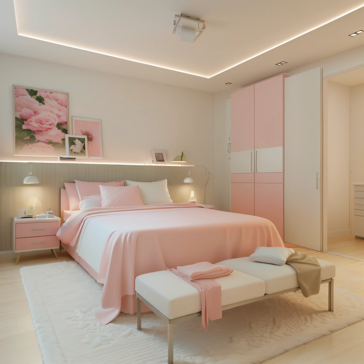 Uma cama ROSA com um edredom ROSA e um banco ROSA em um quarto, renderizado no enscape, quarto de cama, cores suaves com minimalismo, in style of 3d render, renderizado em vray, realista estilo 3d, novo visual moderno, QUARTO LINDA, em um quarto, Renderizado em 3 dsmax, dentro de um quarto, excellent 3d render, PAINEL RIPADO ROSA, GUARDA- ROUPA ROSA, pink lighting, luzes rosas