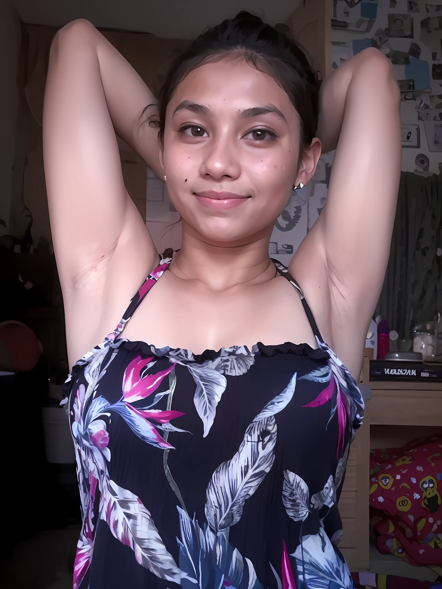 there is a woman that is posing for a picture in a dress, armpit, around 19 years old, hairy arms, with arms bare, indian girl with brown skin, with arms up, around 20 yo, she is about 20 years old, she is about 20 years old, she is about 16 years old, sweaty skin!!