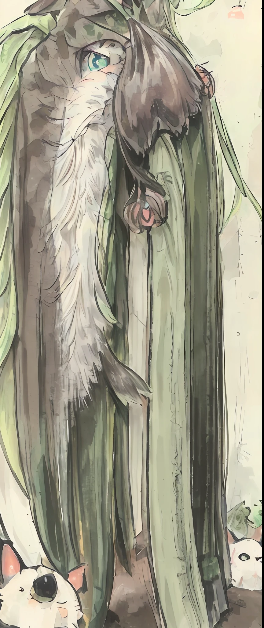 (((1 boy, Black hair , A little green in the ends, green eyes, sharp, cool, kitsune, tall, handsome, gentle,