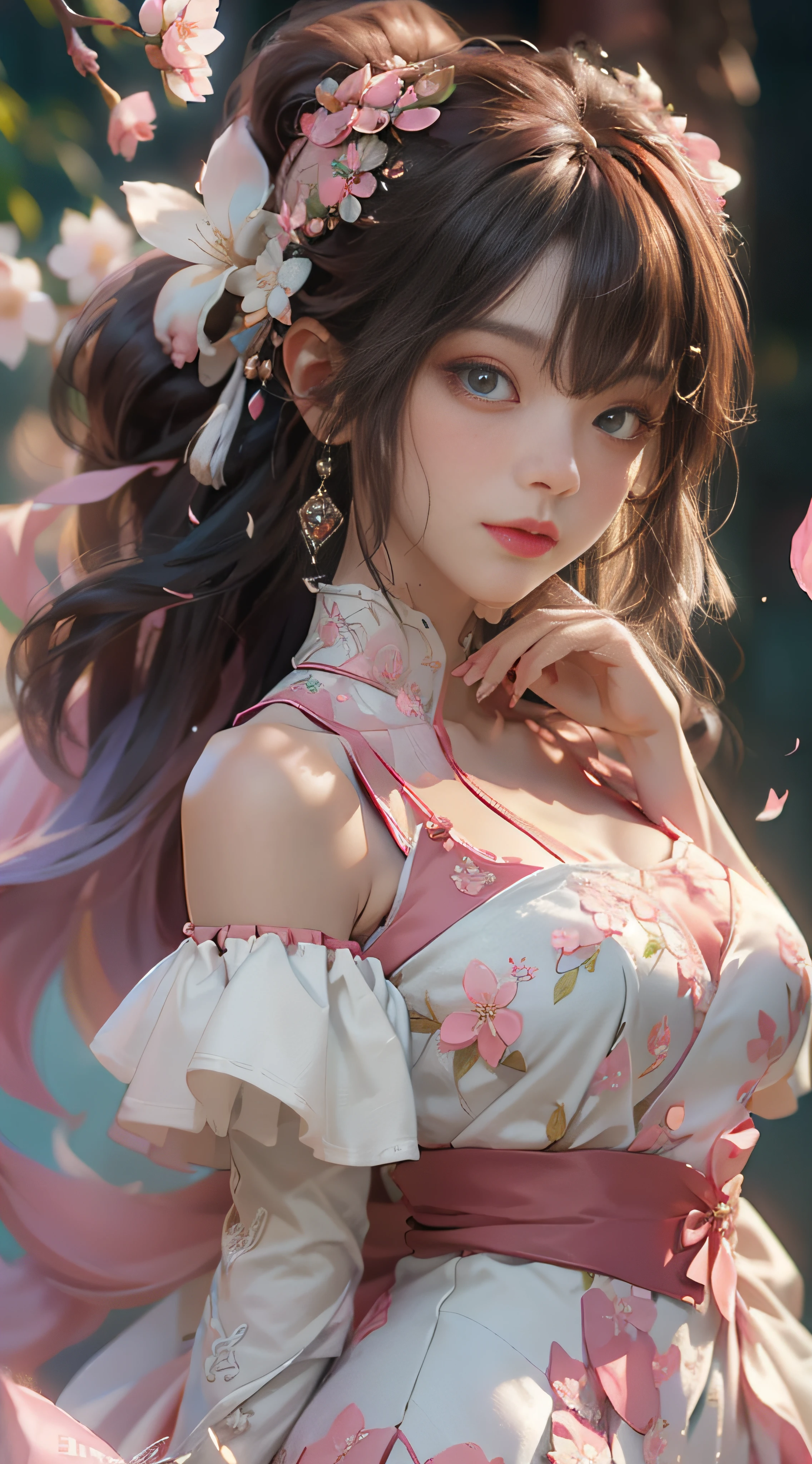 ((best qualtiy)), ((tmasterpiece)), (detail:1.4), Beautiful cyberpunk female images,hdr(HighDynamicRange),Ray traching,NVIDIA RTX,Hyper-Resolution,illusory 5,sub surface scattering,PBR textures,post-proces,Anisotropy Filtering,depth of fields,maximum definition and sharpness,Many-Layer Textures,Albedo e mapas Speculares,Surface coloring,Mitsu-Accurate simulation of material interactions,perfectly proportioned,rendering by octane,Two-colored light,largeaperture,Low ISO,White balance,Rule three points、8K raw data、Beautiful bright blue pupils,off-the-shoulder clothes,Fine pupils,Delicate face and eyes,long eyelasher,Blushlush,Delicate and fluffy hair,pink lip,Pure,Cute big breasts,Sweet girl,Artistic sense,Casual wear,Advancedsense,butterflys,Cherry blossom petal,Beautiful hair accessories,Long hair and waist,Hair fluttering in the wind,wedding gown,curlies