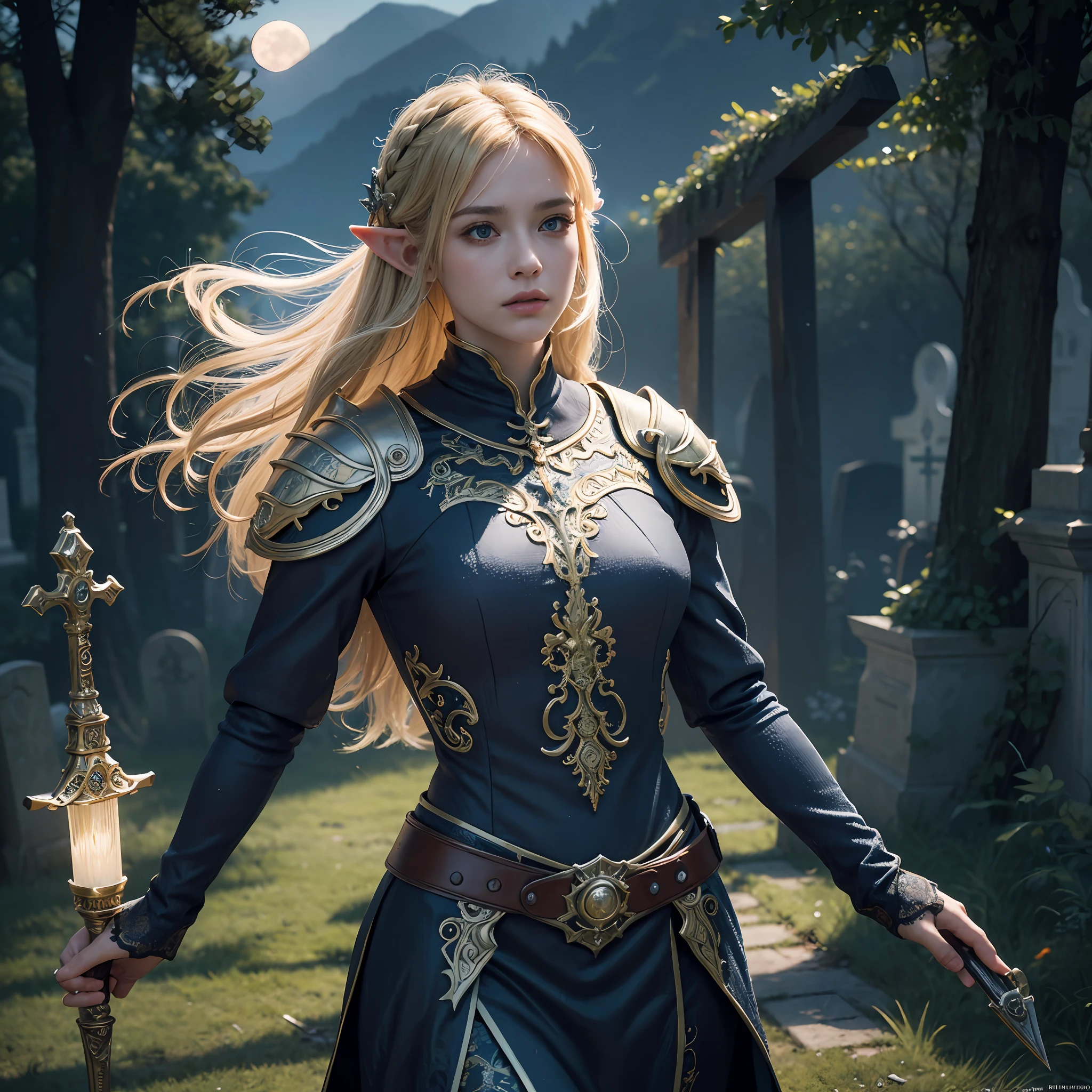 high details, best quality, 8k, [ultra detailed], masterpiece, best quality, (extremely detailed), dynamic angle, ultra wide shot, RAW, photorealistic, fantasy art, dnd art, rpg art, realistic art, a wide angle picture of a [[male]] elf cleric casting a spell, priest of light, cleric of light, full body, [[anatomically correct]]. dynamic position (1.5 intricate details, Masterpiece, best quality) casting a bright light spell (1.6, Masterpiece, best quality) in a cemetery (1.5 intricate details, Masterpiece, best quality), a male (1.5 intricate details, Masterpiece, best quality), wearing white heavy armor (1.4 intricate details, Masterpiece, best quality), holy symbol, blond hair, intense bright eyes, fantasy cemetery background (intense details), fighting an undead skeleton (1.4 intricate details, Masterpiece, best quality), night, moon light, stars (1.4 intricate details, Masterpiece, best quality), dynamic angle, (1.4 intricate details, Masterpiece, best quality) 3D rendering, high details, best quality, highres, ultra wide angle