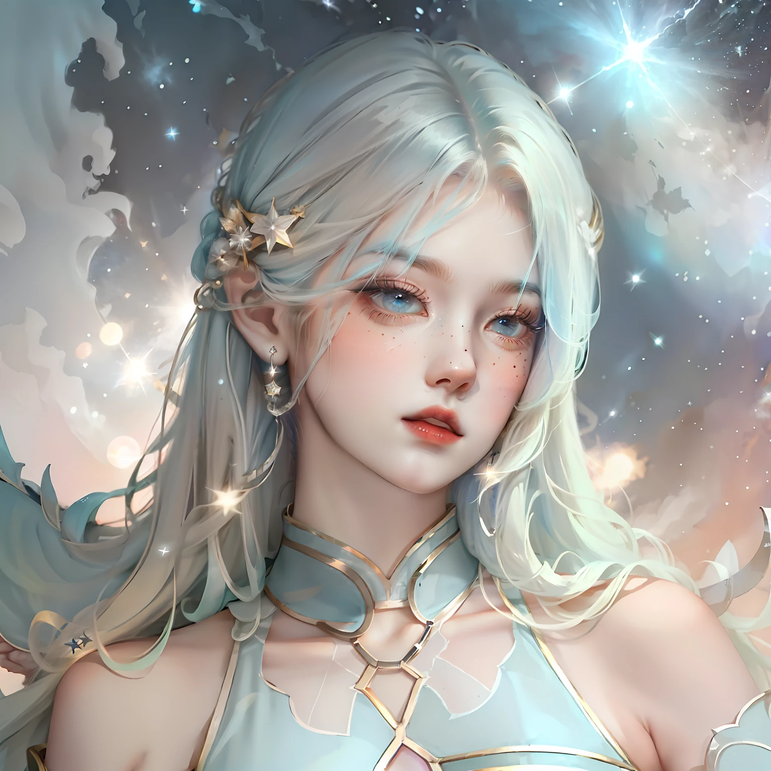 Girl with cyan hair,background starry sky,The stars twinkle
