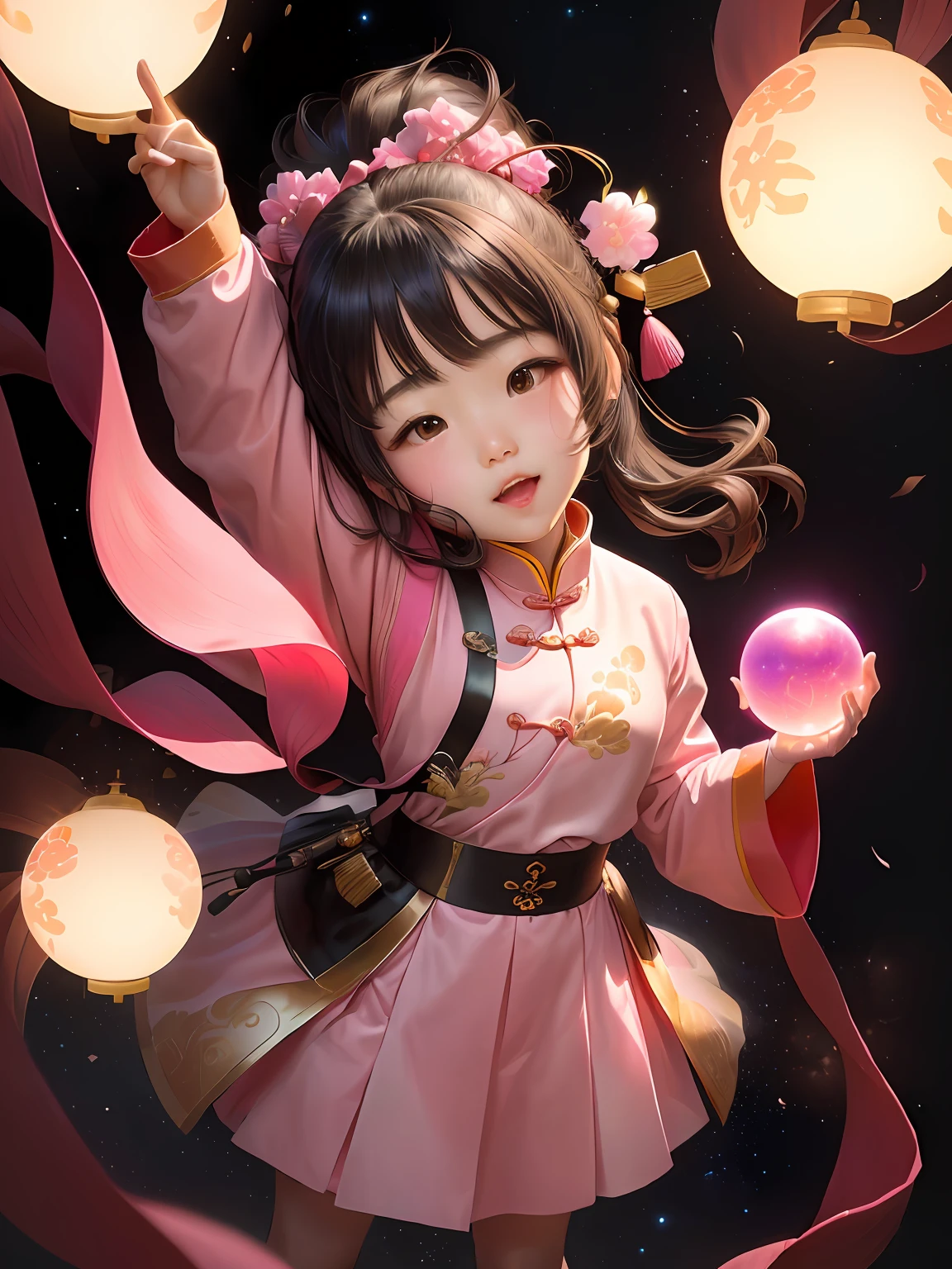 Chinese girl in pink sweater,The fingers of the right hand point to the sky,Holding a crystal ball in his left hand,7 years tails,Air bangs,ruan jia beautiful!inspired by Li Keran,Inspired by Tang Yifen,from china,Very cute and childlike。inspired by Zhang Zeduan,she expressing joy。Young Asian girl Lin Qifeng,lulu chen。sci fi background,The vast universe,Pink clothes,