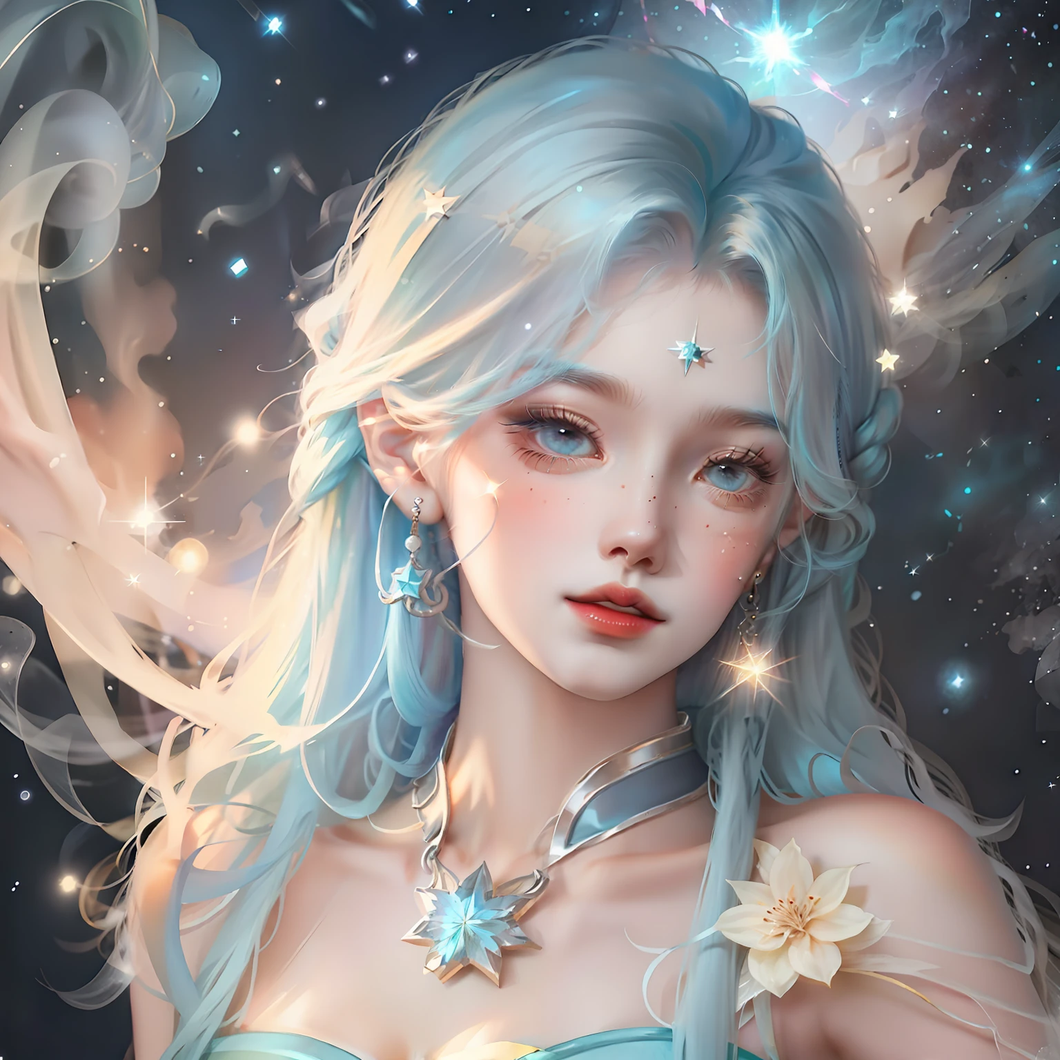 Girl with cyan hair,background starry sky,The stars twinkle