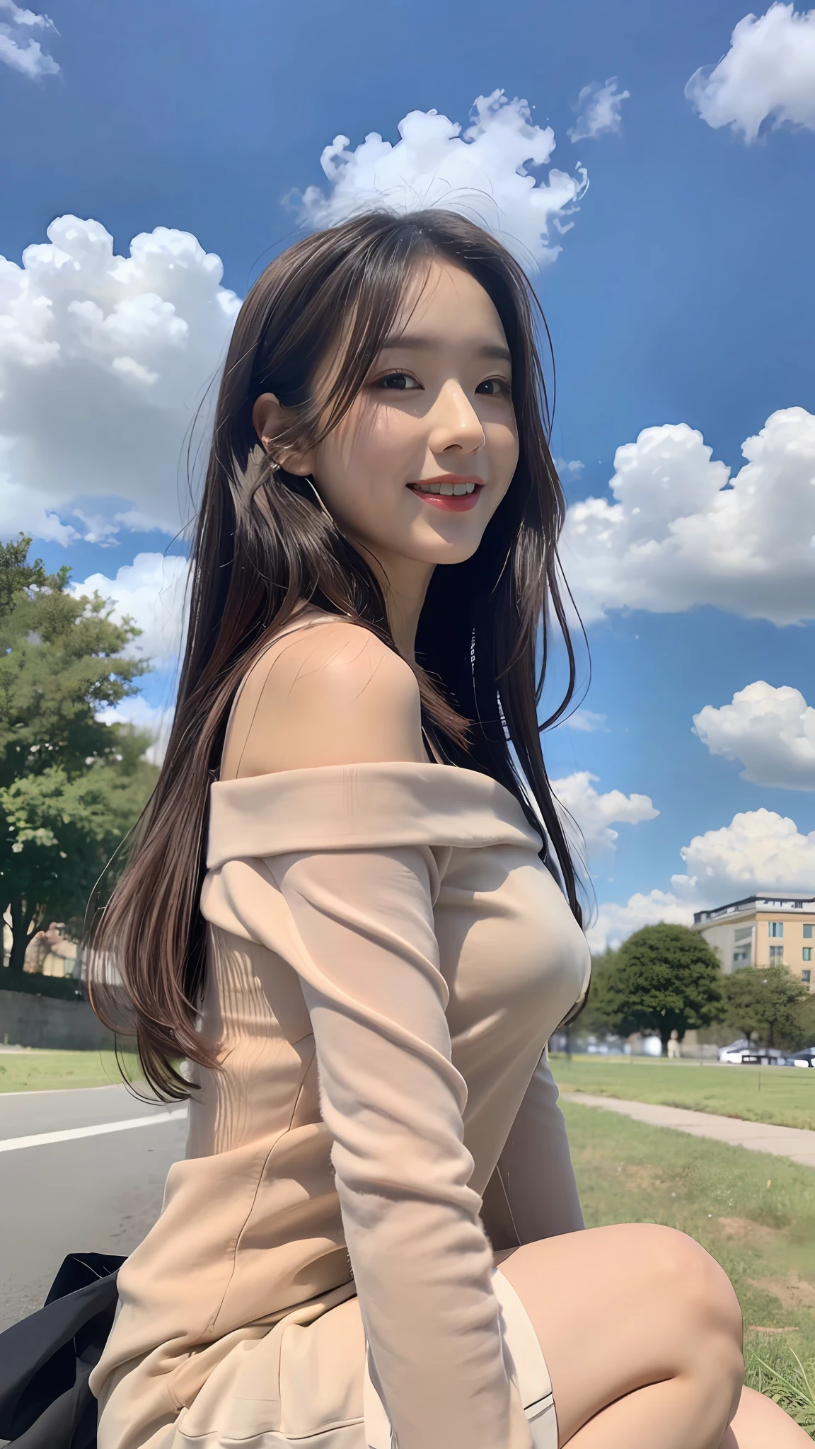 ((Best Quality, 8K, Masterpiece:1.3)), A beautiful girl, pure, melon face, gentle and cute, sweet smile, pure desire, thin figure, (frontal), (tilted head), looking directly at the camera, uniform, obi, formal, black silky long straight hair, long hair flowing over the shoulders, round black big eyes, clear big eyes, moist red lips, sweet, sitting on the side of the road, blue sky and white clouds, grass, buildings,