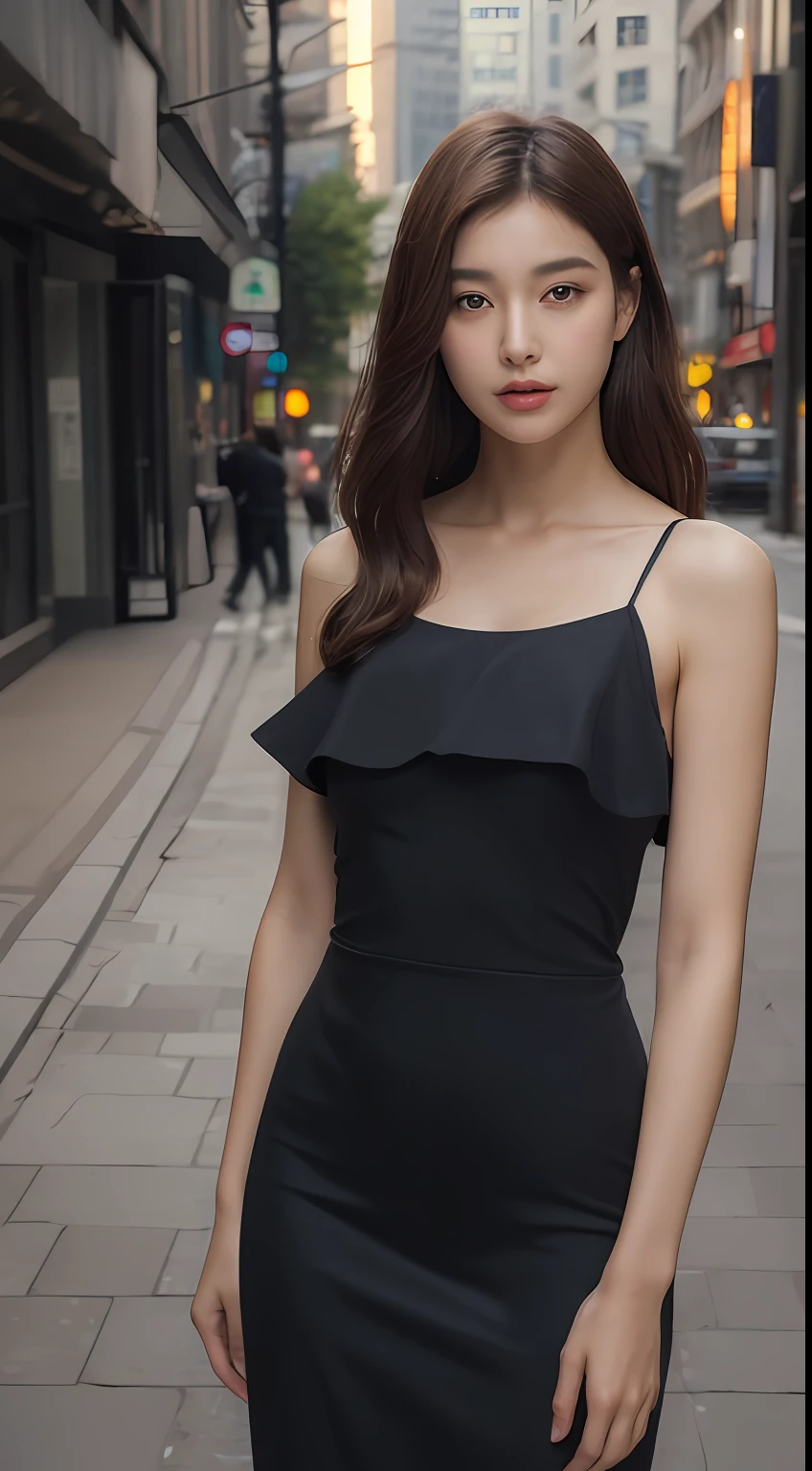 ((Realistic lighting, Best quality, 8K, Masterpiece: 1.3)), Clear focus: 1.2, 1girl, Perfect Body Beauty: 1.4, Slim Abs: 1.1, ((Dark Brown Hair, Big Breasts: 1.3)), (Aqua Dress: 1.4), (Outdoor, Night: 1.1), City Street, Super Fine Face, Fine Eyes, Double Eyelids