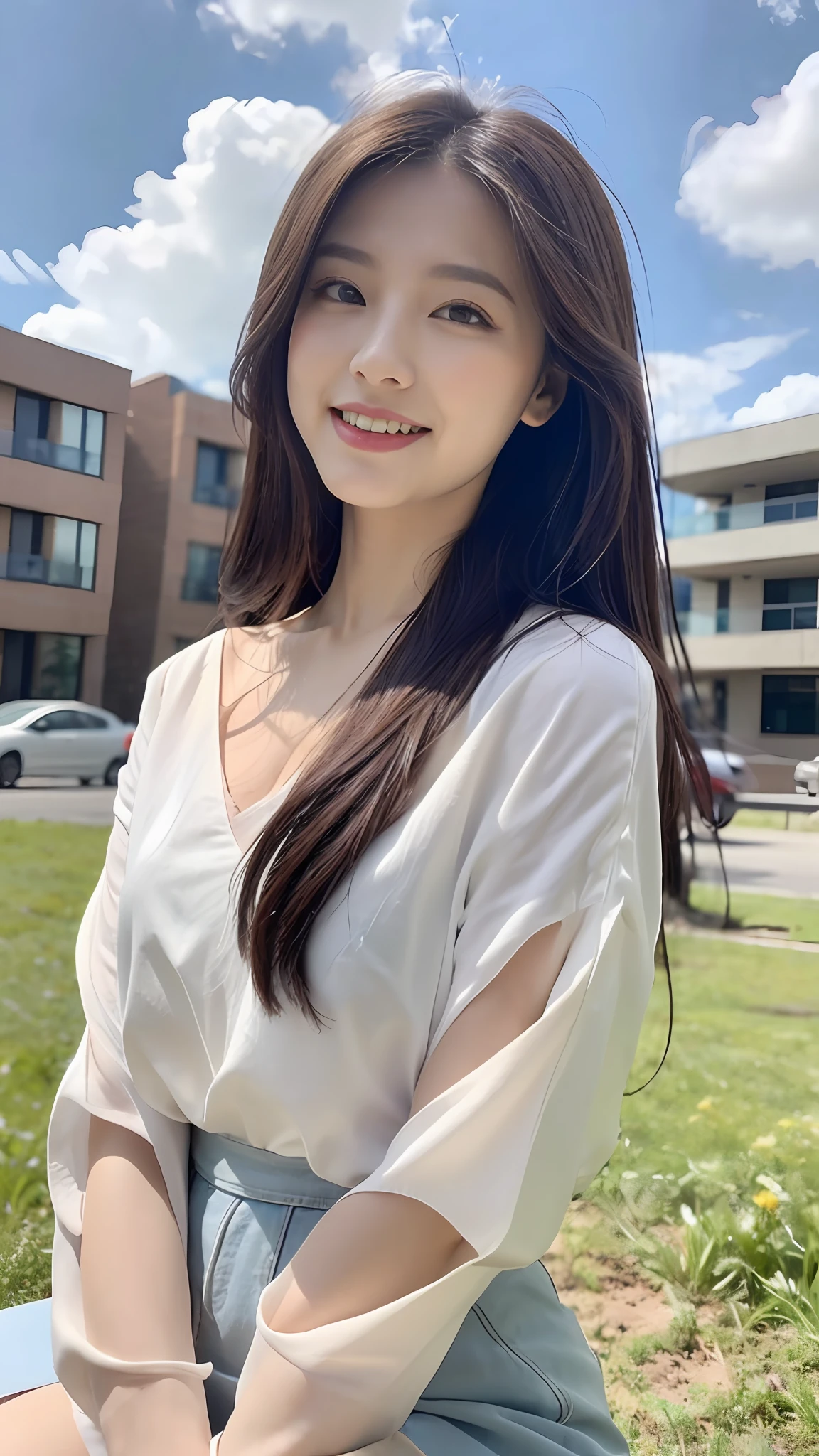 ((Best Quality, 8K, Masterpiece:1.3)), A beautiful girl, pure, melon face, gentle and cute, sweet smile, pure desire, thin figure, (frontal), (tilted head), looking directly at the camera, uniform, obi, formal, black silky long straight hair, long hair flowing over the shoulders, round black big eyes, clear big eyes, moist red lips, sweet, sitting on the side of the road, blue sky and white clouds, grass, buildings,