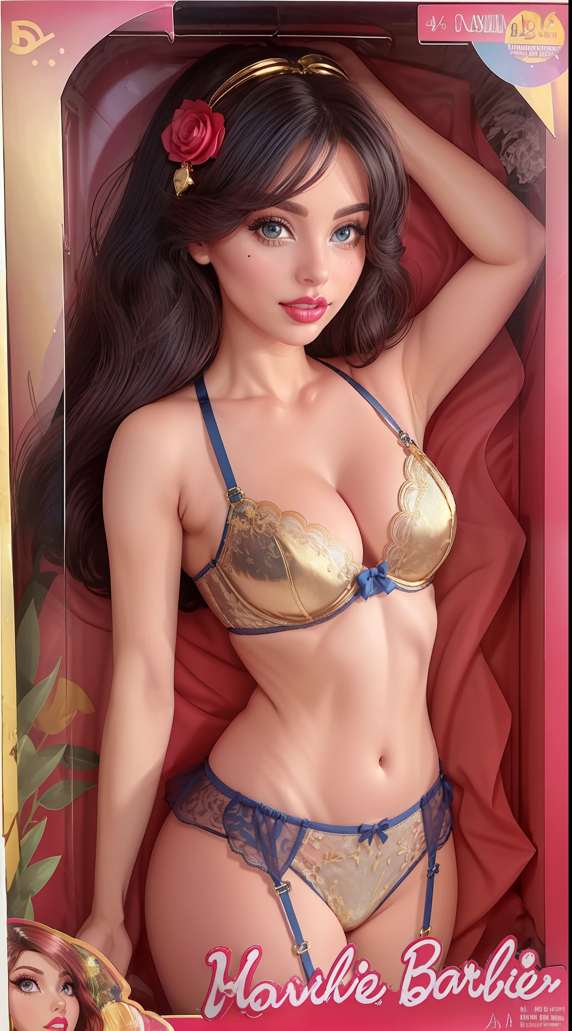 black skin, inboxDollPlaySetQuiron style, [african goddess in lace lingerie woman, snow white cosplay, (flawless face), cute face, chubby face, sunburnt ebony skin, detailed (wrinkles, blemishes!, folds!, moles, viens, pores!!, skin imperfections:1.1), (wearing sexy gold lingerie set details:1.25), (Vibrant blue silk wraps around your body, double layered to ensure the softness of blue silk against your skin, with a central panel of glittering metallic red French lace to bring that extra touch of extravagance. Wide silk covered straps are finished with strong red toned clasps and adjusters, adorned with hand cut ribbons, to hold your stockings up firmly without compromising on glamour. Add the matching blue silk full cup bra and either tap gold pants for a complete vintage-inspired look, or skirted gold lace thong, plus the spectacular all-over red lace robe for the complete look.), blue cuban stocking, highly detailed glossy eyes, (looking at the camera), (short light curly wet hair), (jade eyes, hair flower, hair ornament), detailed skin pores, oiled skin, tan, intricate eye detail, (big cheeks), natural breasts_d, unbalanced breasts, (cleavage)], gift box, playset, in a box, full body, toy playset pack, in a gift box, premium playset toy box