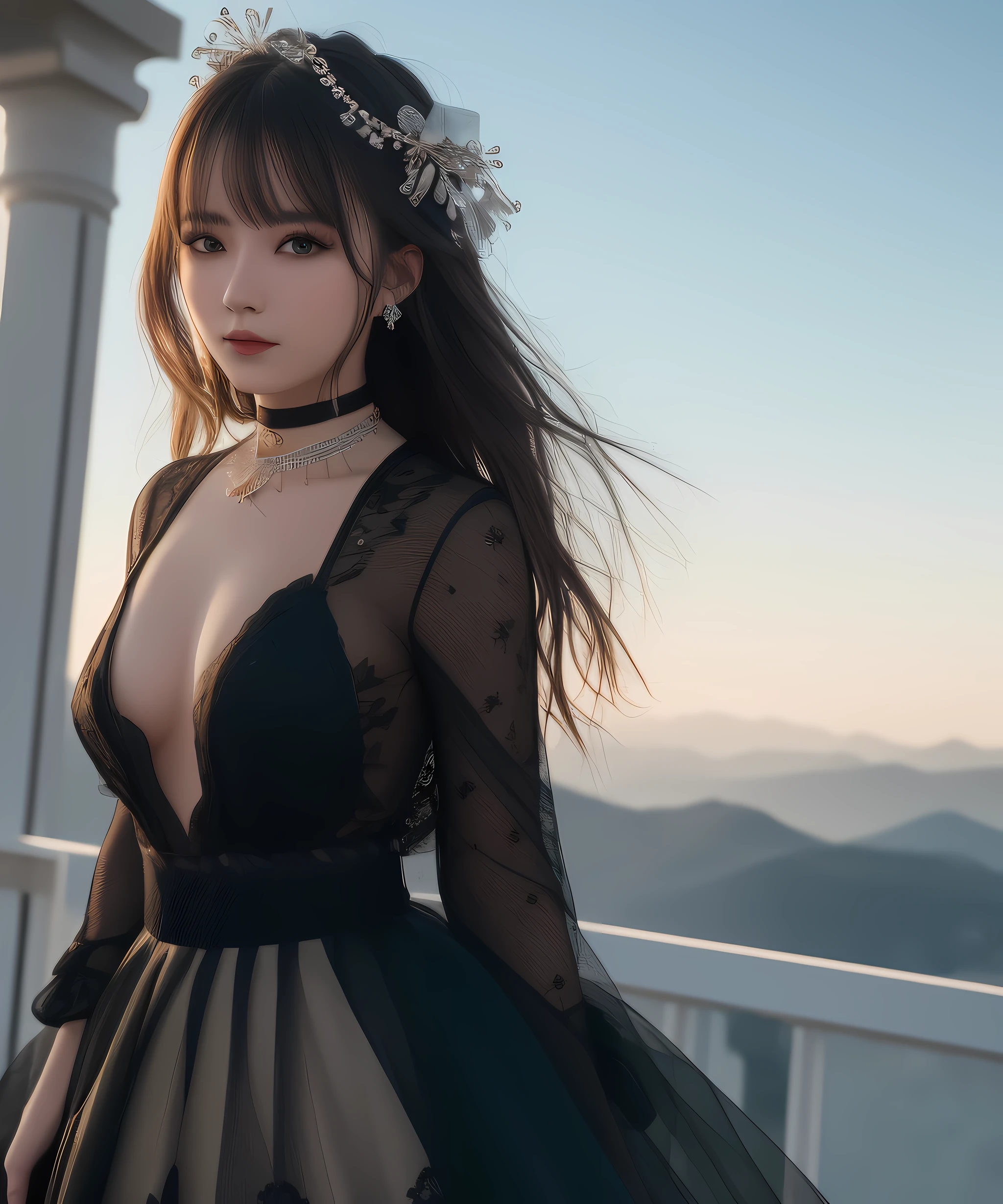 best qualtiy,tmasterpiece,A high resolution,1girl,Porcelain skirt,hair adornments,choker necklace,jewely,beautiful face,Physically,dingdall effect,realisticlying,dark studio,edge lit,twotonelighting,(highdetailskin:1.2),8k uhd, dslr, softlighting, high high quality, volumettic light, sneak shot, photore, A high resolution, 4k, 8k, The background is wild,