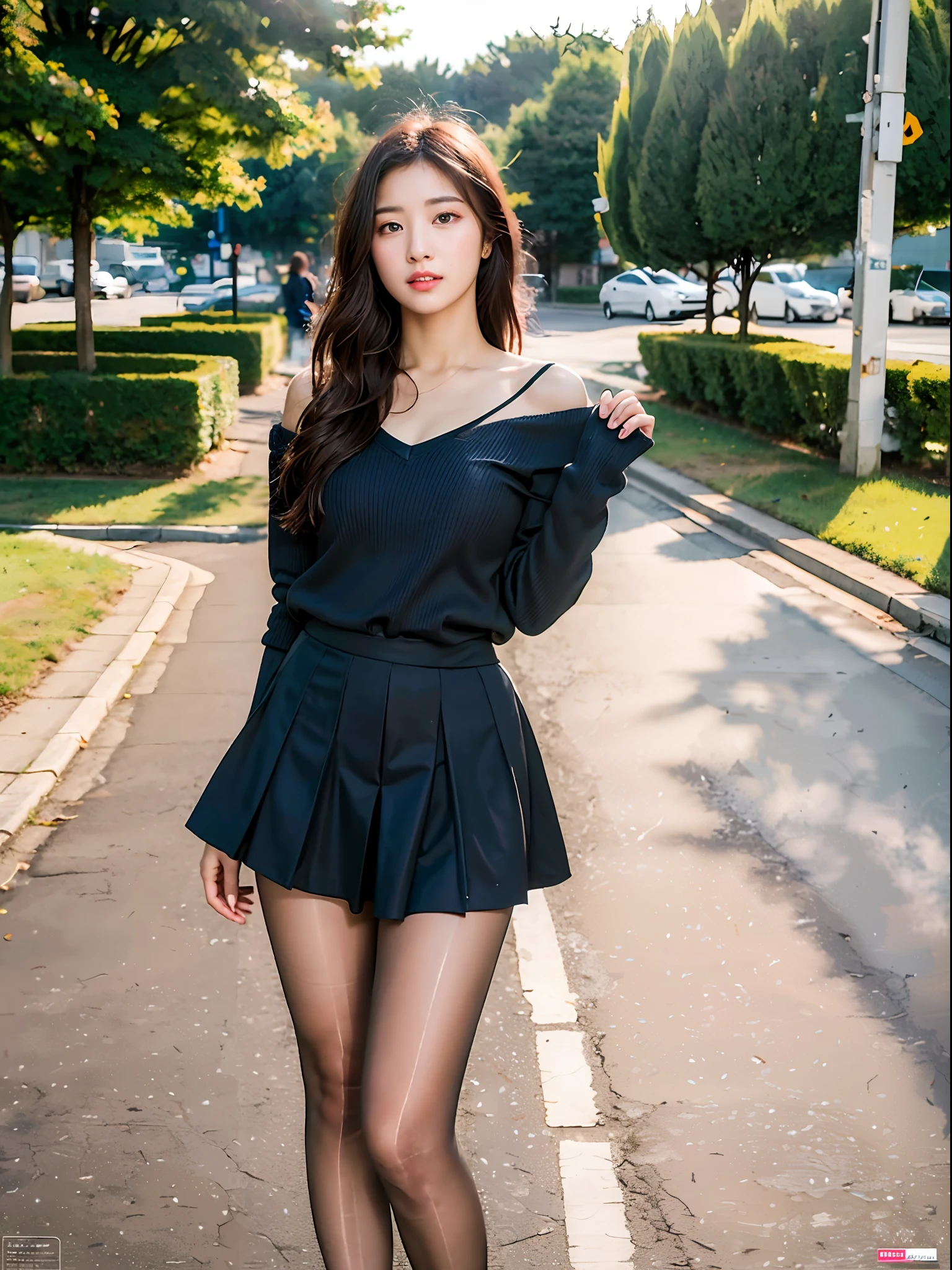 ,(RAW photo:1.2), (Photorealistic:1.4), Beautiful Meticulous Girl, very detailed eyes and faces, Beautiful detailed eyes, ultra - detailed, A high resolution, The is very detailed，best qualtiy，tmasterpiece，The shirt，a skirt，illustratio，The is very detailed，unified，8k 壁纸，finely detailled，tmasterpiece，best qualtiy，Unity8k wallpapers，light in face，cinmatic lighting, 1girll, 16 years old，(Camel toes)，(full bodyesbian)，are standing，V-neck shirt，a black skirt，black lence stockings，high-heels，the street，城市