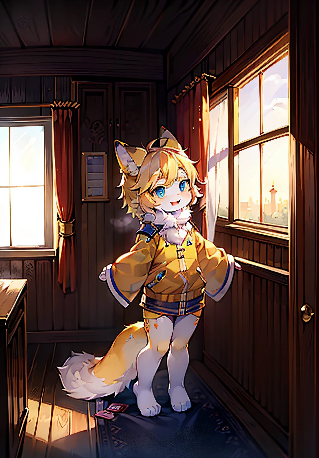 Bright eyes,in a panoramic view,focal point,Detailed background enhancement(0.7),独奏,Furry fortification,Furry female,female focus,anthr,Full Body Furry,Fluffy tail,eBlue eyes,Yellow skin is strengthened,Young,Focus on young children,Small and cute strengthened,Laughing(1.2),Long canids strengthened(1.2),interiors、the night、borgar(1.1)