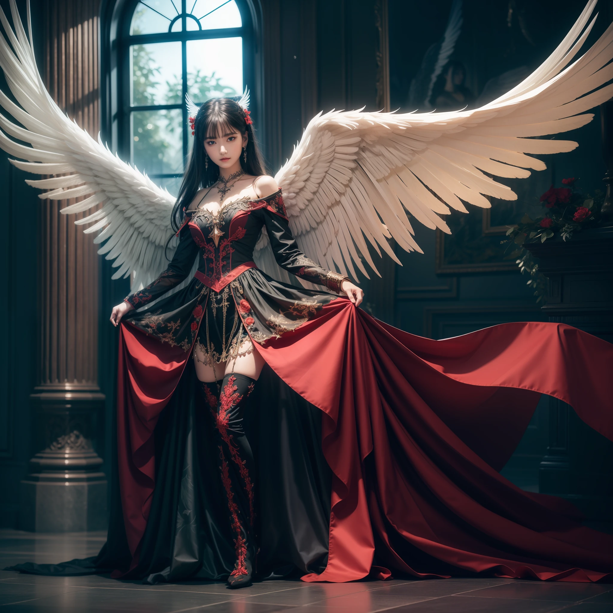 (extremely detailed CG unity 8k wallpaper,masterpiece, best quality, ultra-detailed, beautiful detailed eyes:1.2),best illumination, (best shadow, an extremely delicate and beautiful, bloom),
1gril,solo,red eyes,Heavy armor,long hair,holding sword,Angel wings,black wings,red jewelry,(big wings:1.4),Film filter,Satan, Hellfire,full body,demon,flame,