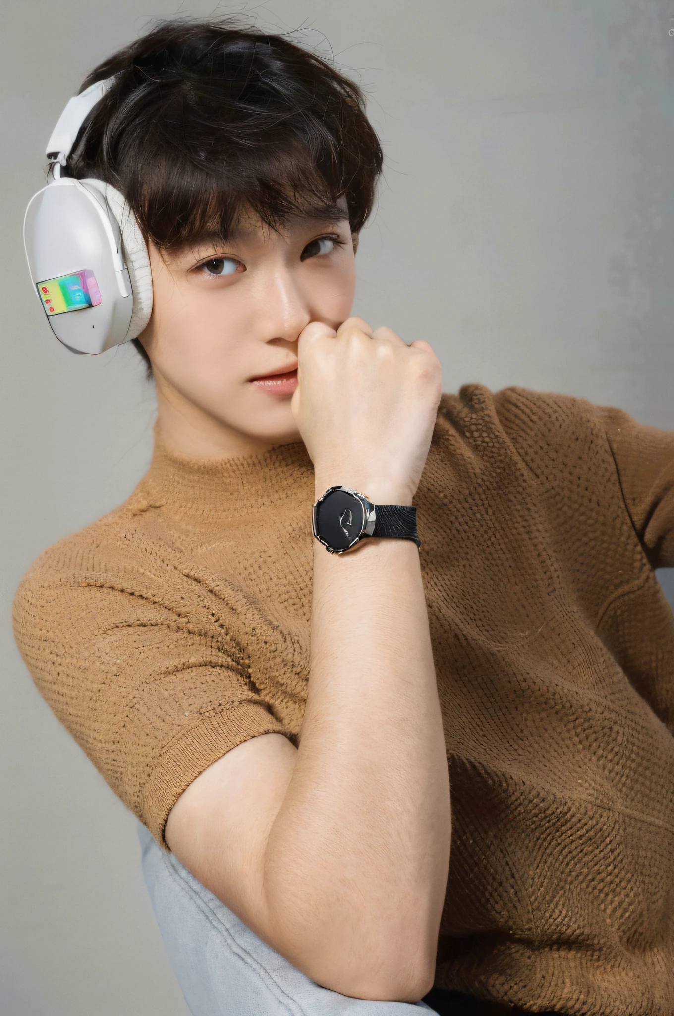 Best quality, masterpiece, super high resolution, (realistic: 1.4), original photo, wallpaper, head photo, skin, simple background, black eyes, detail, selfie, 1 boy, 18 years old, handsome, breeze, sunshine, headphones, wheat field