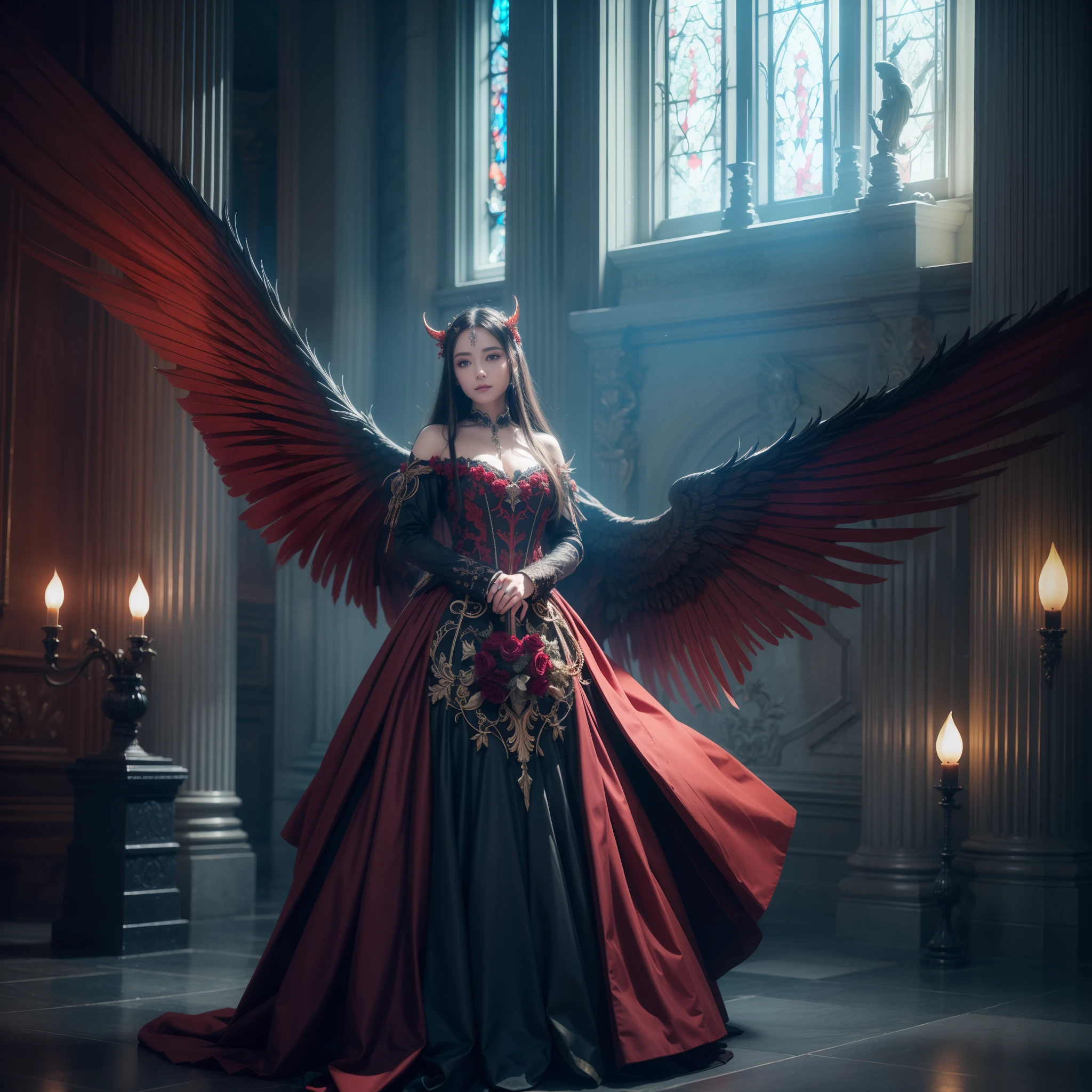 (extremely detailed CG unity 8k wallpaper,masterpiece, best quality, ultra-detailed, beautiful detailed eyes:1.2),best illumination, (best shadow, an extremely delicate and beautiful, bloom),
1gril,solo,red eyes,Heavy armor,long hair,holding sword,Angel wings,black wings,red jewelry,(big wings:1.4),Film filter,Satan, Hellfire,full body,demon,flame,