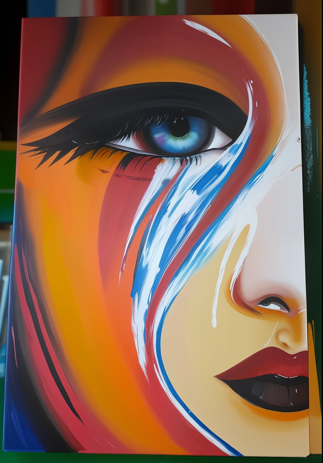 painting of a woman's face with a tear coming out of her eye, an acrylic painting, acrylic painting, emotional oil painting, painted in acrylic, Painitng, acrylic and oil painting, art painting, acrylic paint on canvas, pintura triste emocional, Paiting, painted in oil colours, tears dripping from the eyes, 3D--8K acrylic paint