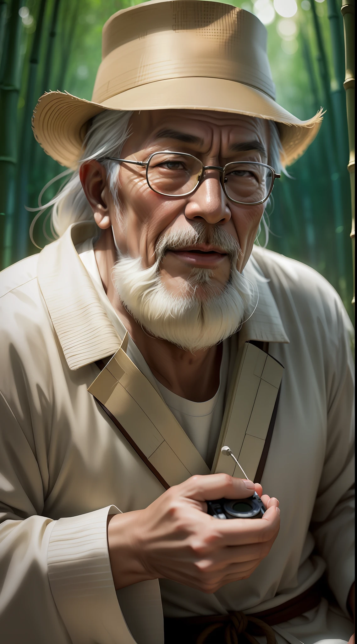 Cinematic texture,Asian grandpa,White tunic,Image of a wise man,Master,bamboo forrest,sitted,Facing the lens,The mouth is slightly open,Facing the lens