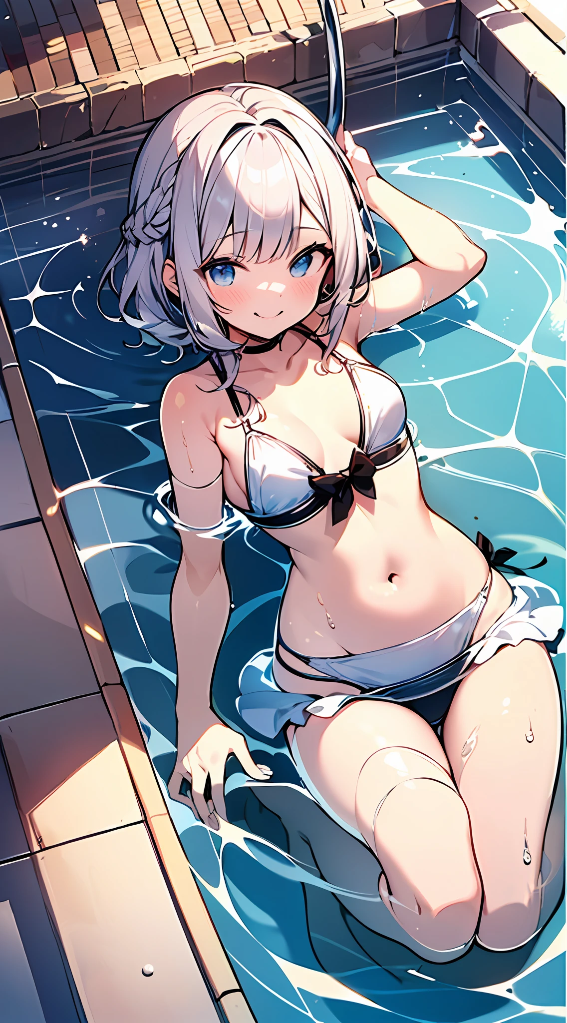 (Incredibly ridiculous absolute resolution:1.5)、hiquality、top-quality、masuter piece、Anime girl in white bikini, 魅惑的、Anime Loli, 8k Manga Wallpapers, Smile、Shy laughter、((small curvy loli))、pretty anime girl,((swimming pools))、(Medium Shorthair)、(short braided hair)