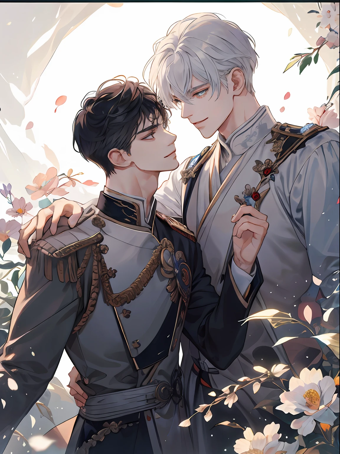 (extremely delicate and beautiful:1.2), 8K, (masterpiece, best:1.2), (Two men:1.3), full bodyesbian, beautiful man, Old man with a scar in one eye, 校服, Knights, royalty, intricate detailes, finely eye and detailed face, Perfect eyes, Equal eyes, (A male god), florals, a smile